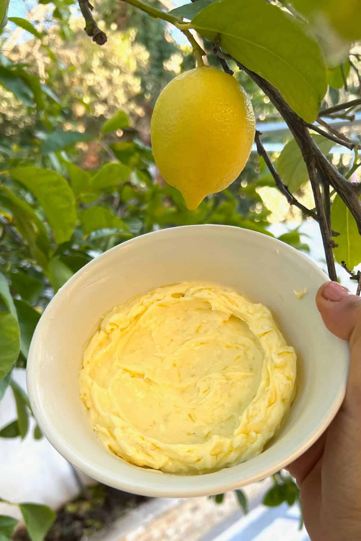 A lemon and a bowl with lemon butter