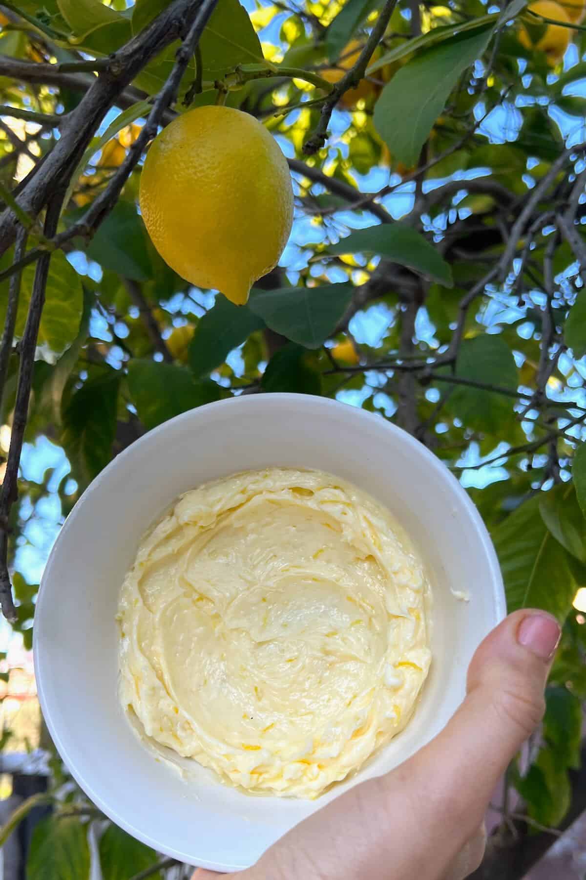 A lemon and a bowl with lemon butter