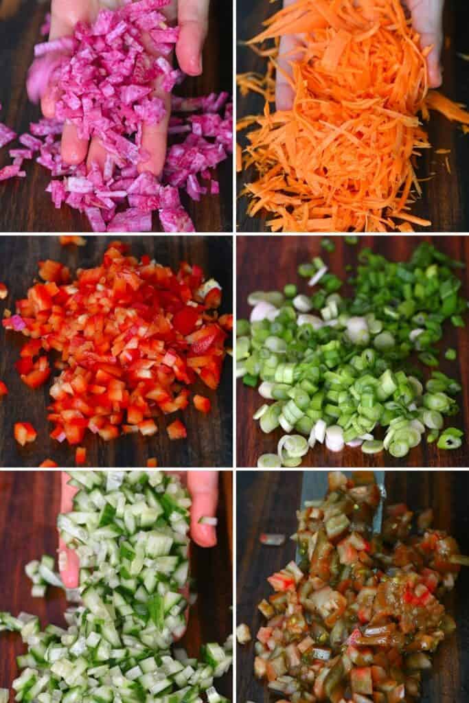 Steps for chopping rainbow salad ingredients