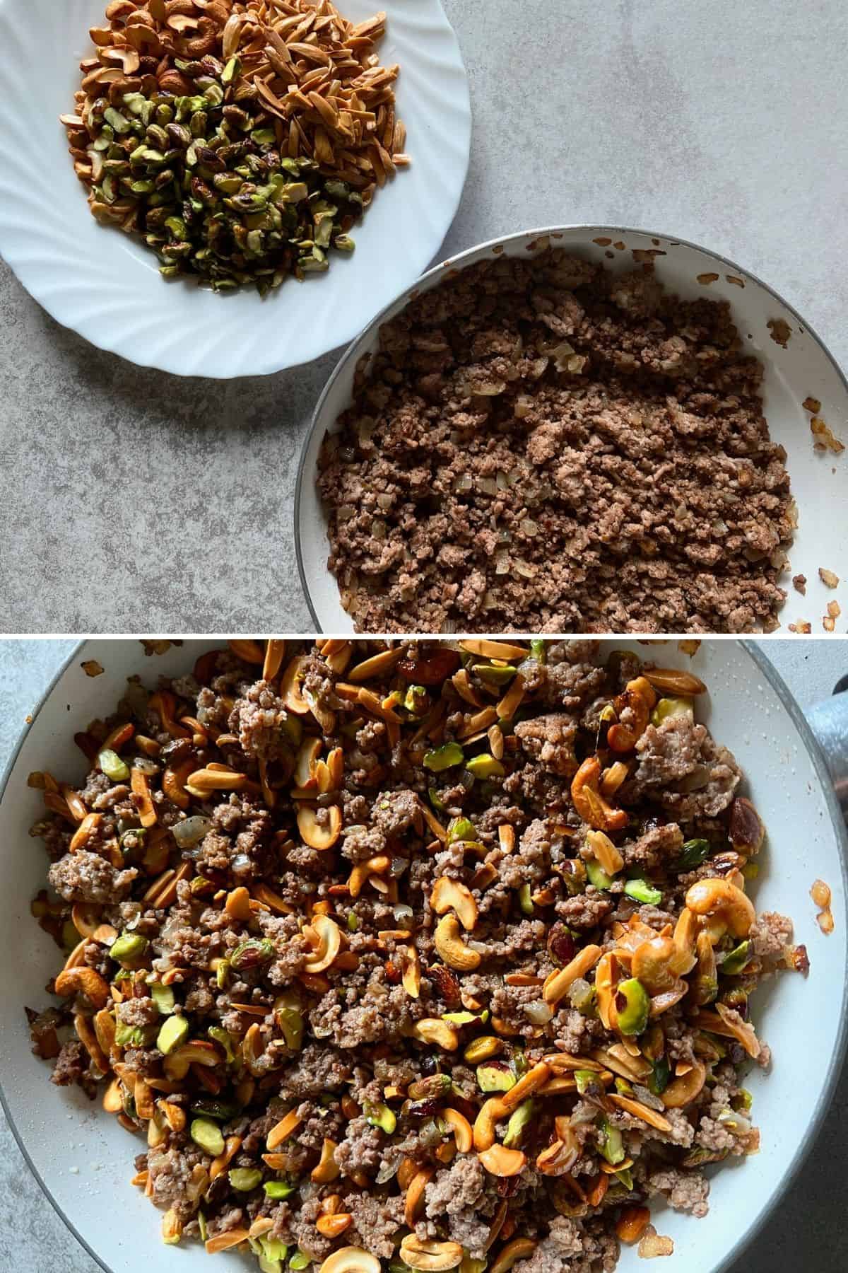 Steps for mixing fried nuts with cooked beef