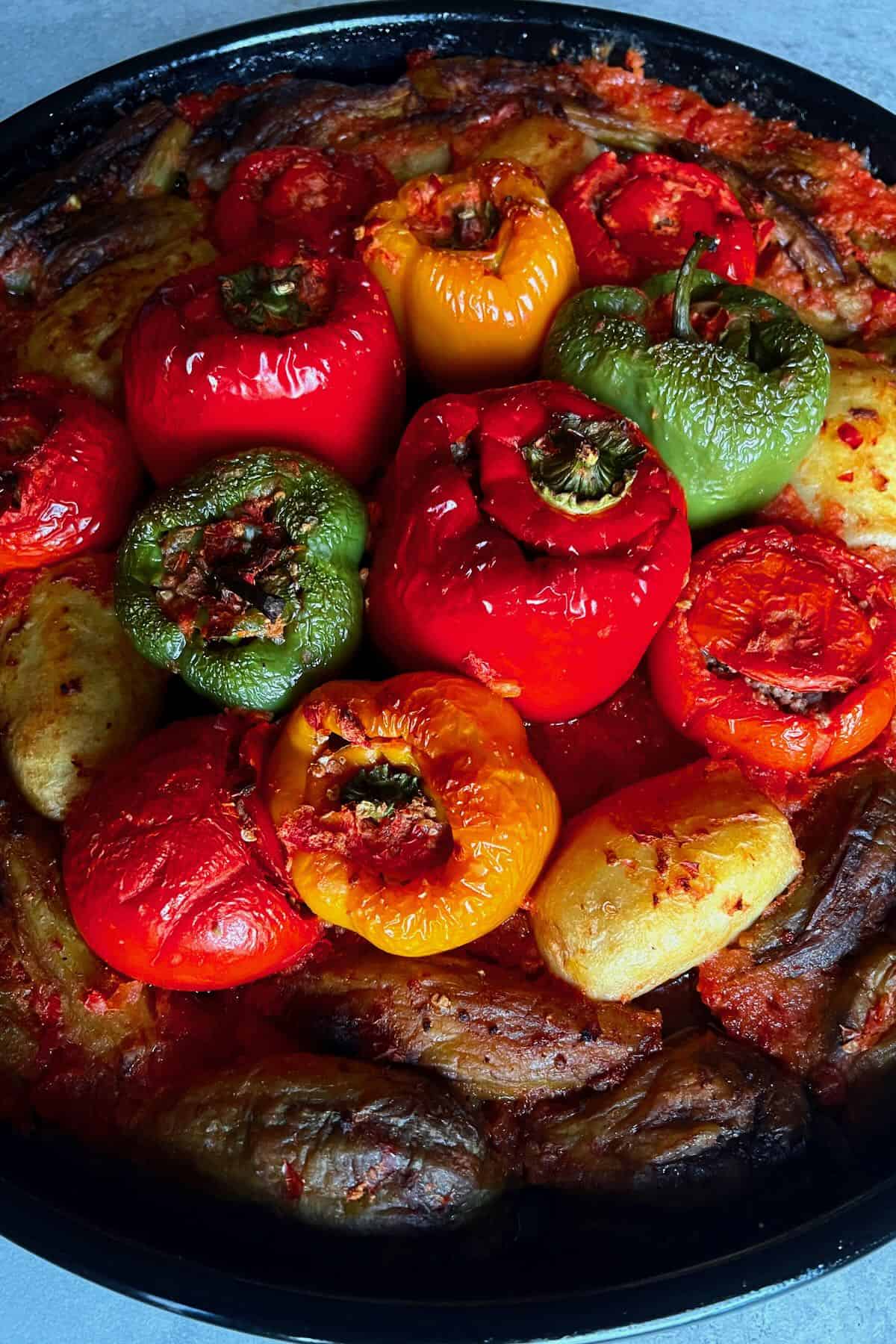 Stuffed veggies with meat in a baking dish
