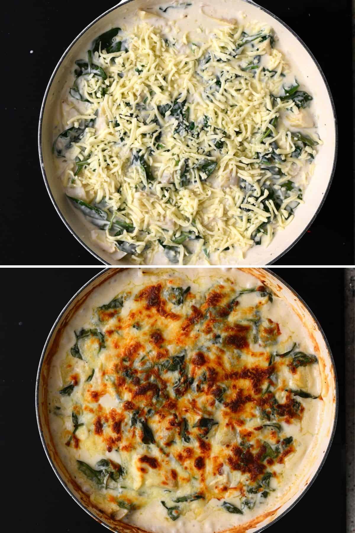 Before and after roasting spinach artichoke dip