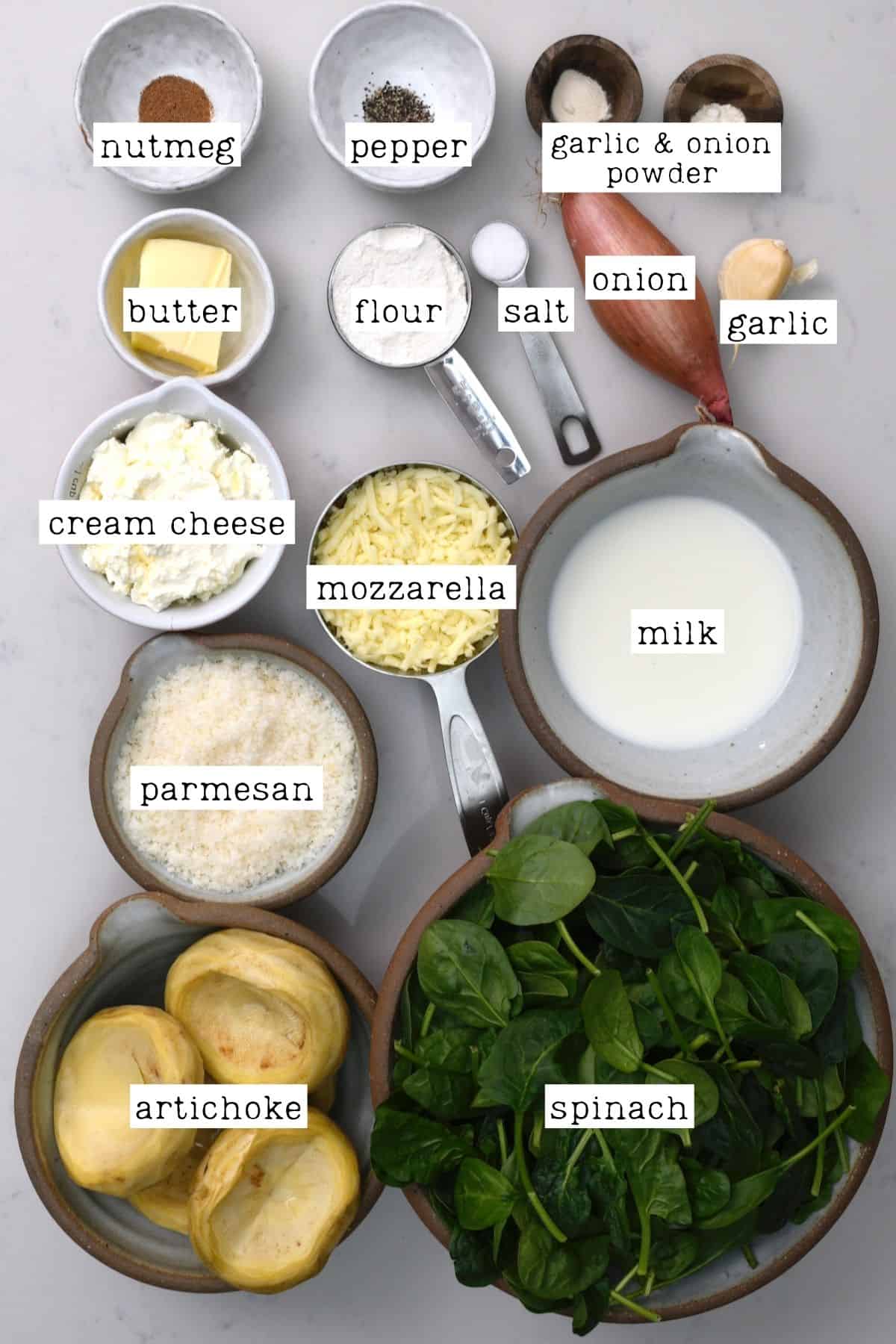 Ingredients for artichoke spinach dip