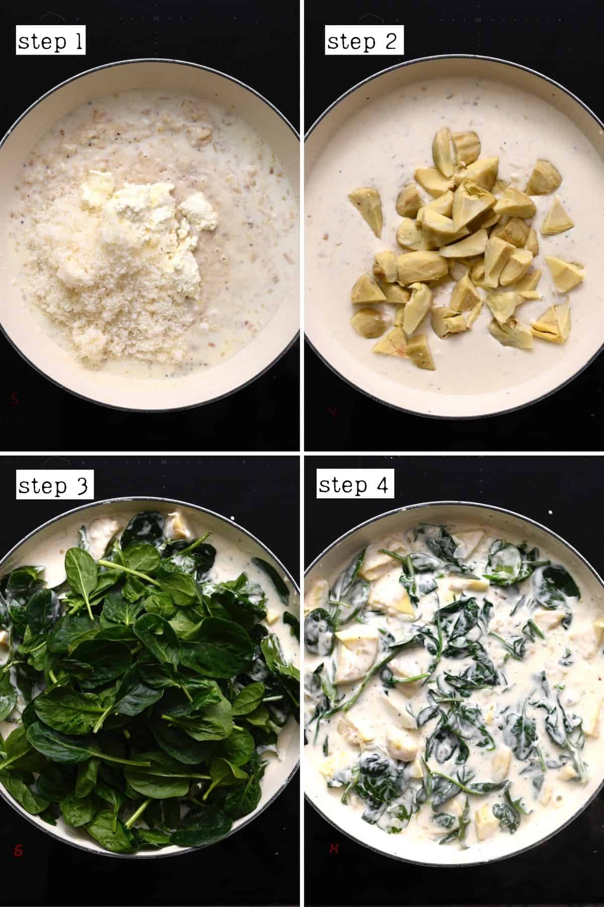 Steps for preparing spinach artichoke dip