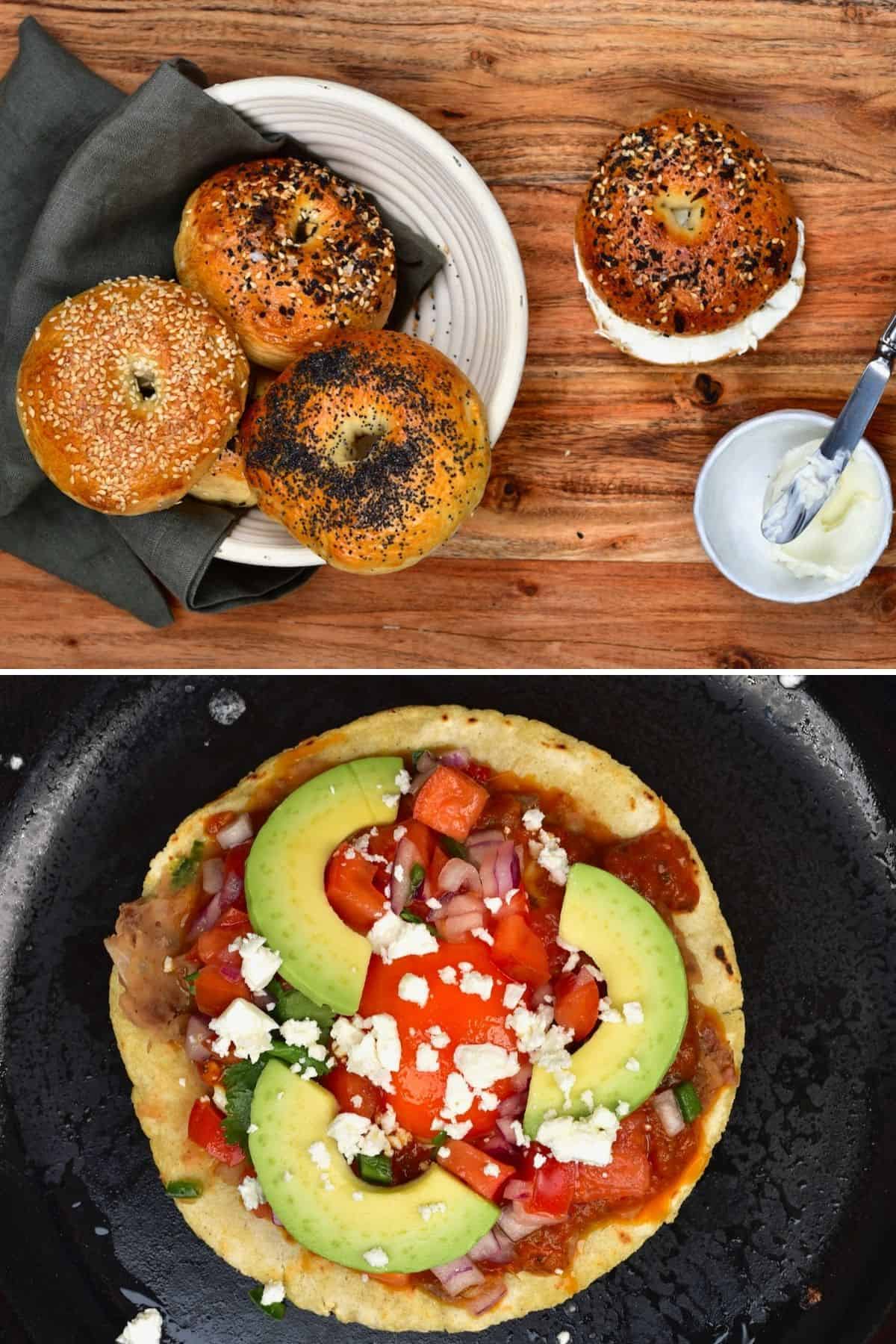 Two North American breakfast ideas - bagels with cream, huevos rancheros.