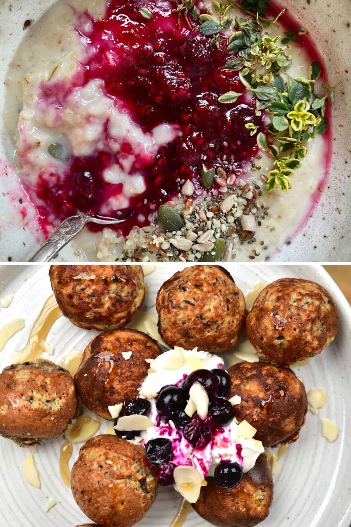 Two North European breakfast ideas - porridge, Danish pancake balls.