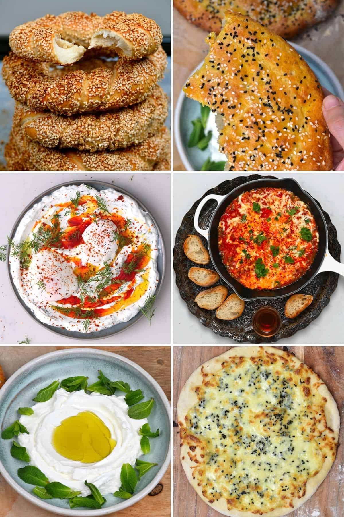 Six West Asia breakfast ideas - simit, pide bread, turkish eggs, menemen, labneh, manakish.