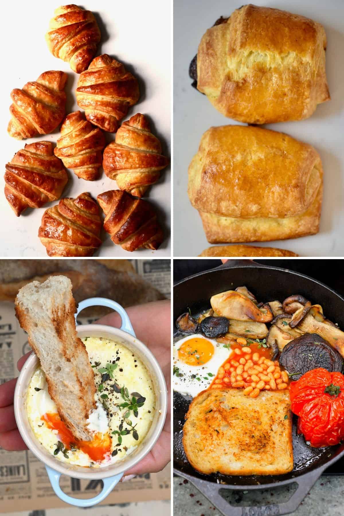 Four West European breakfast ideas - croissants, pains au chocolat, sheered eggs, English full breakfast.