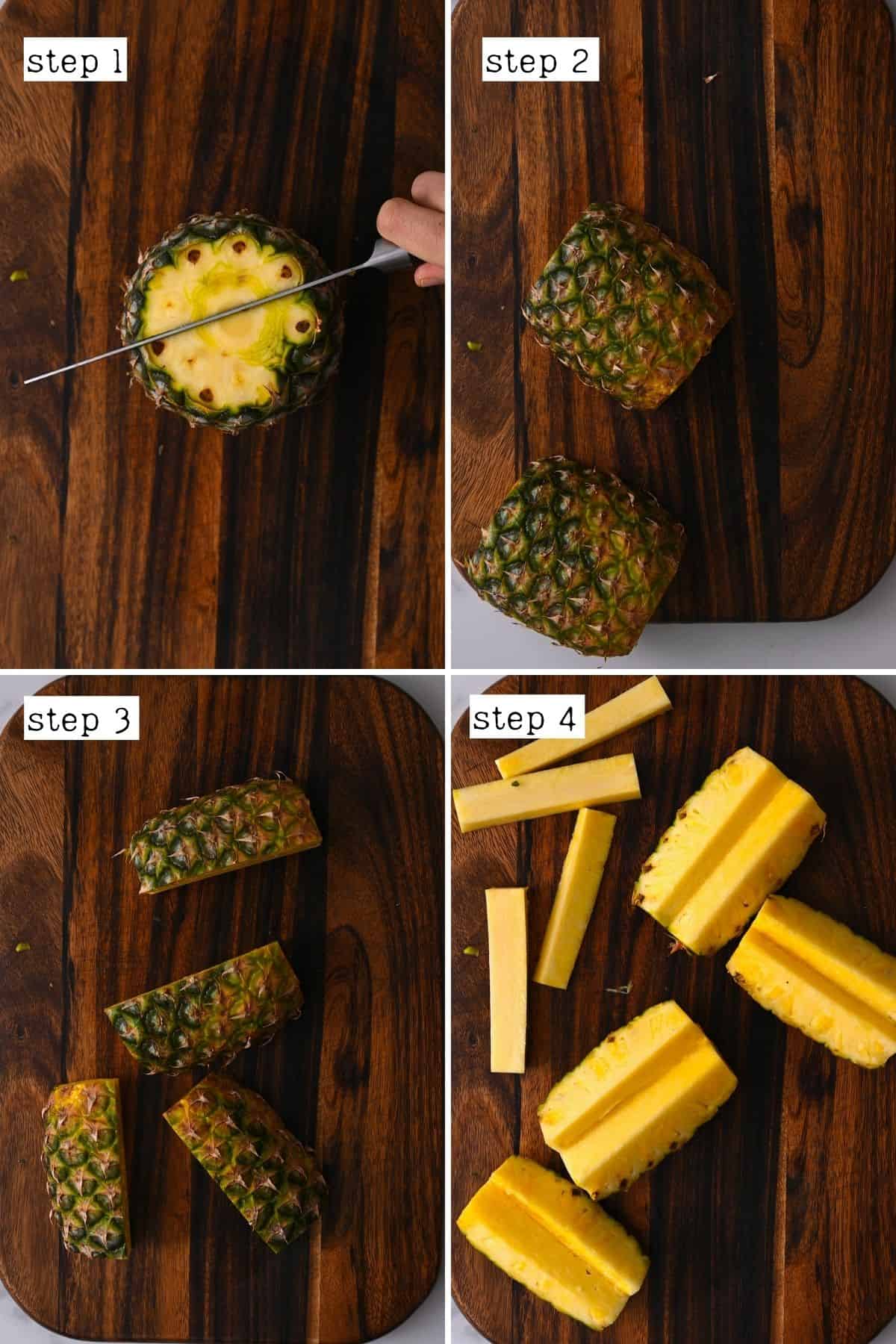 Steps for cutting a pineapple into four sections