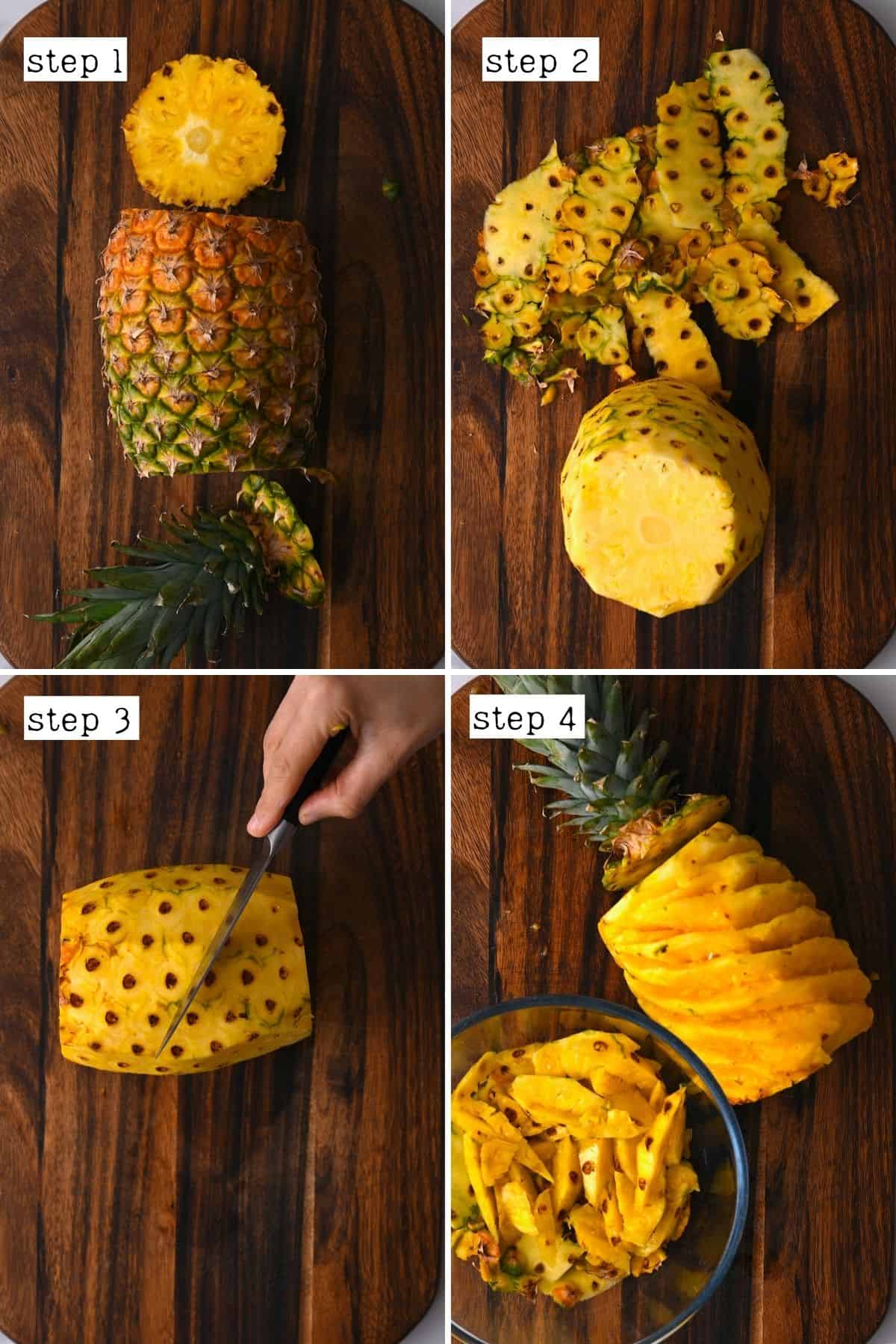 Steps for peeling and cutting a pineapple