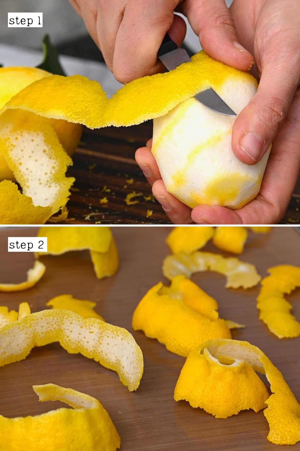Steps for peeling a lemon with a knife