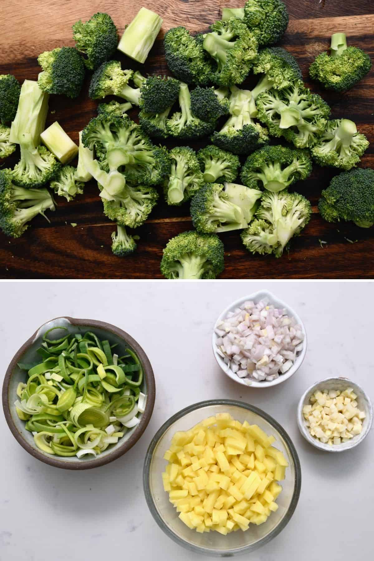Chopped ingredients for broccoli soup