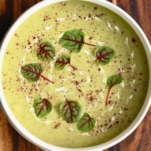 Panera Broccoli Chedar Soup topped with microherbs