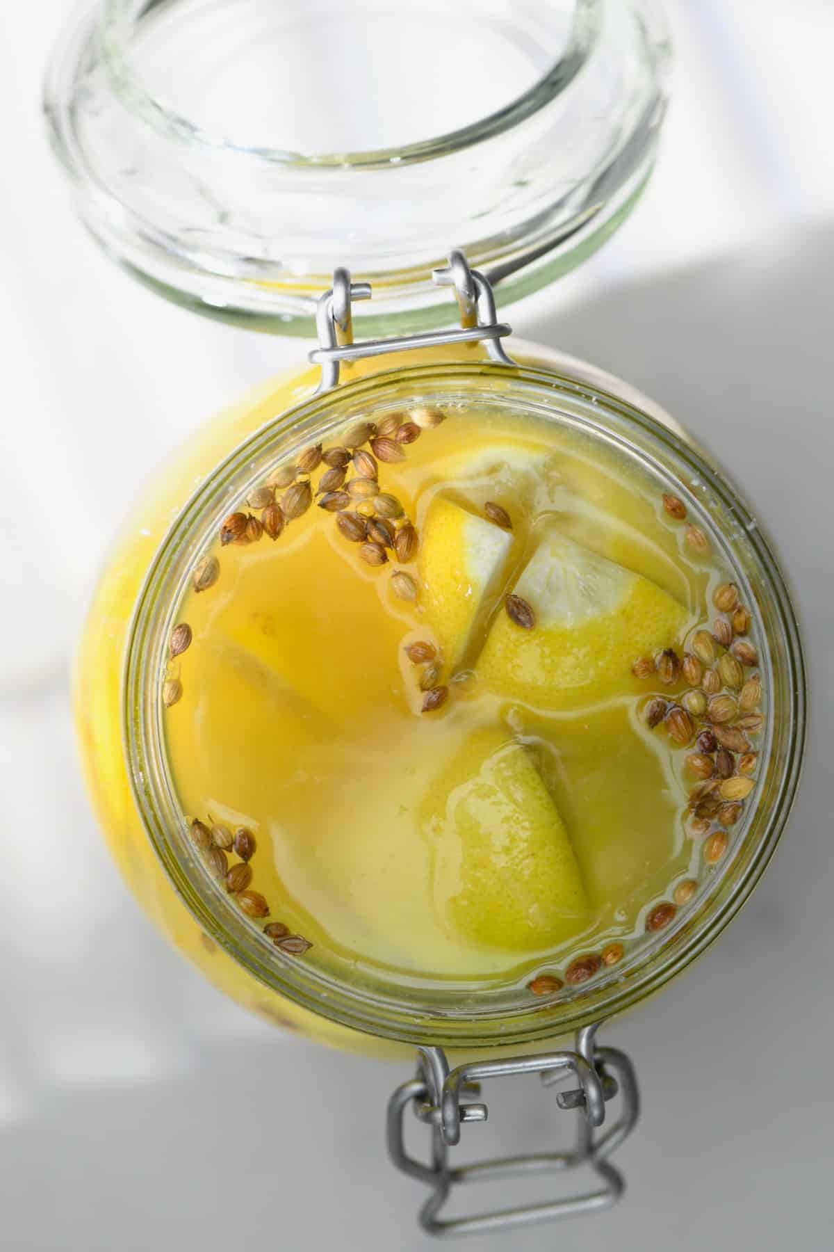Top view of jar with preserved lemons