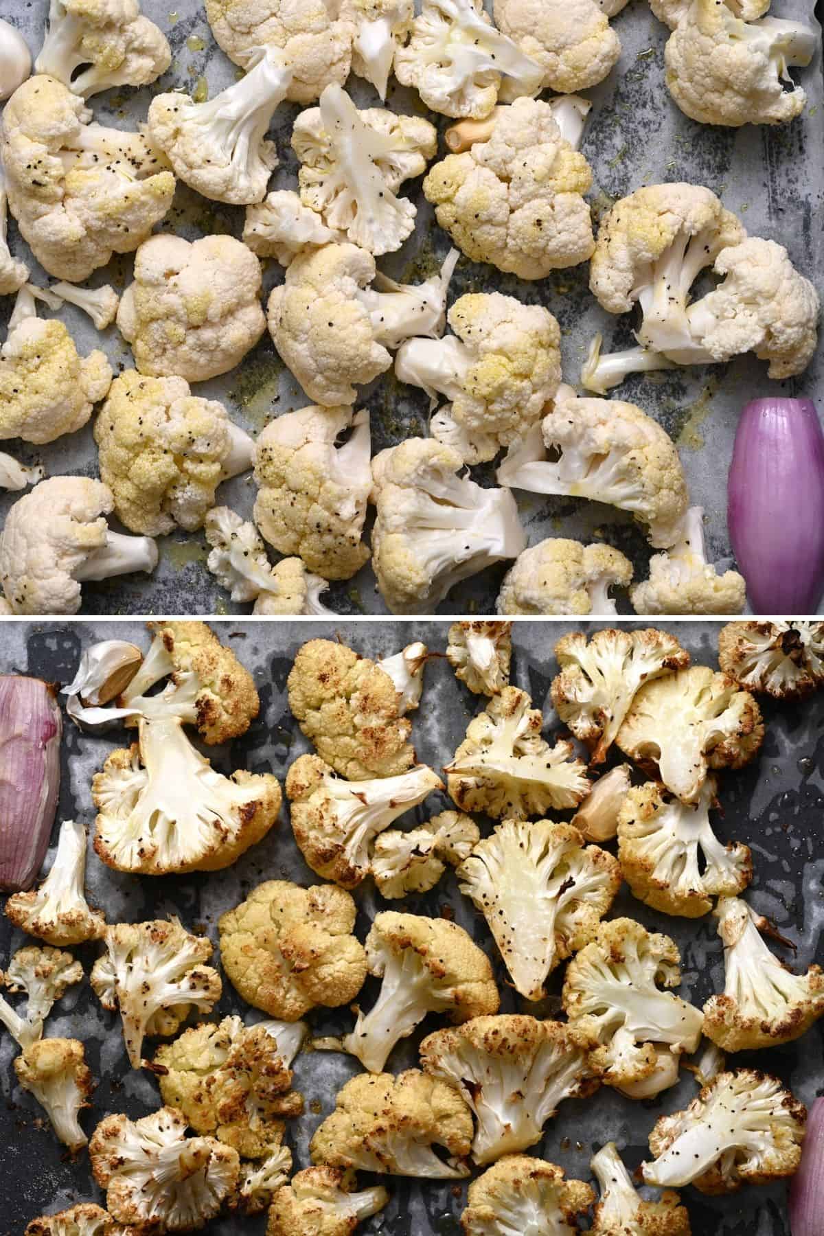 Before and after roasting cauliflower