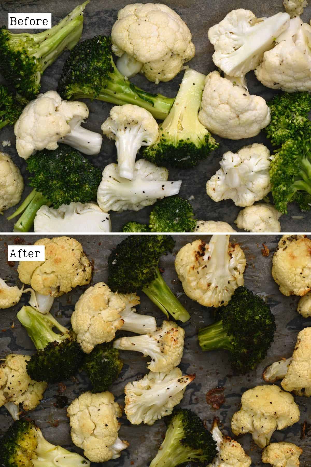 Before and after roasting broccoli and cauliflower