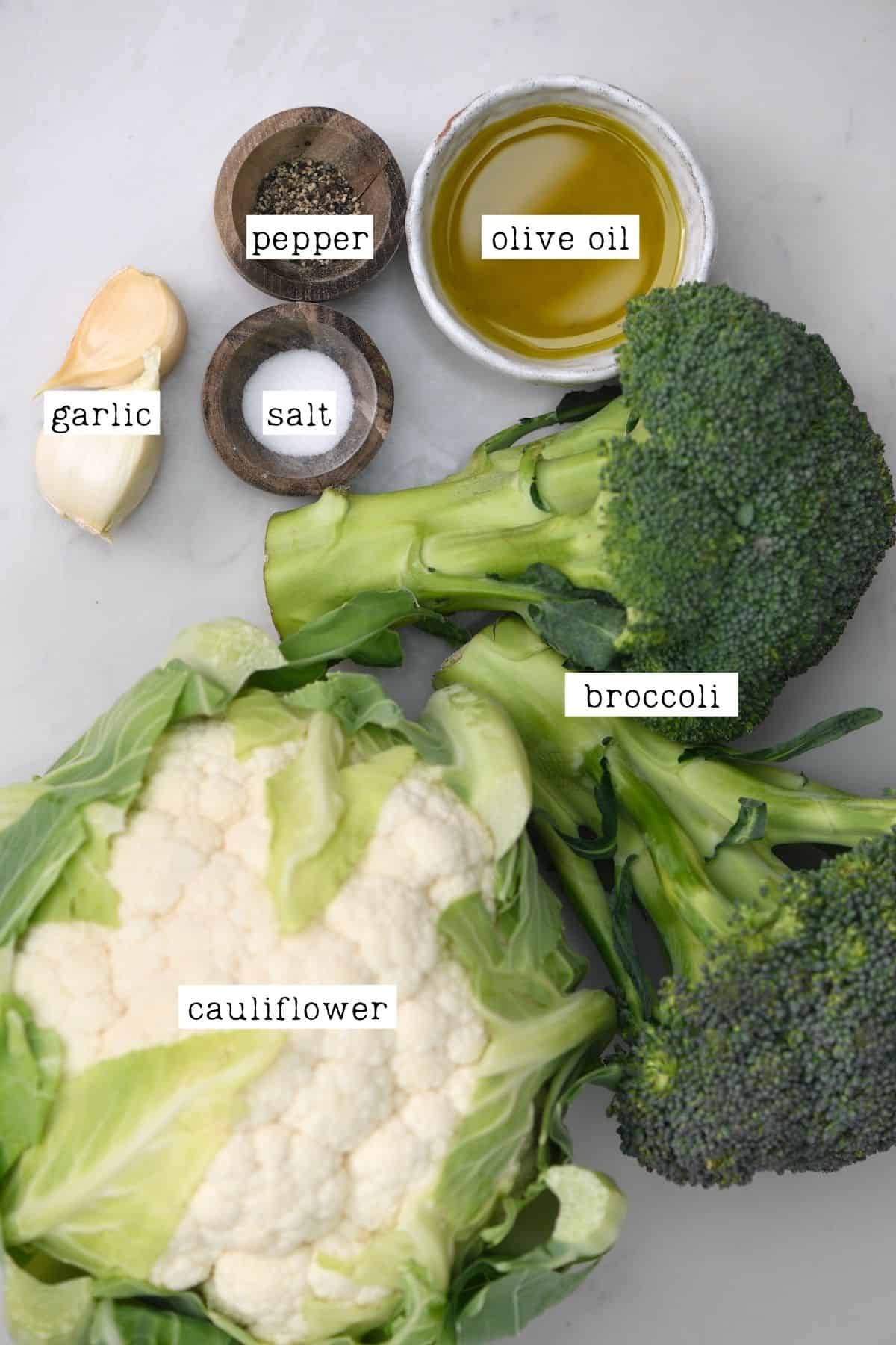 Ingredients for roasted broccoli and cauliflower