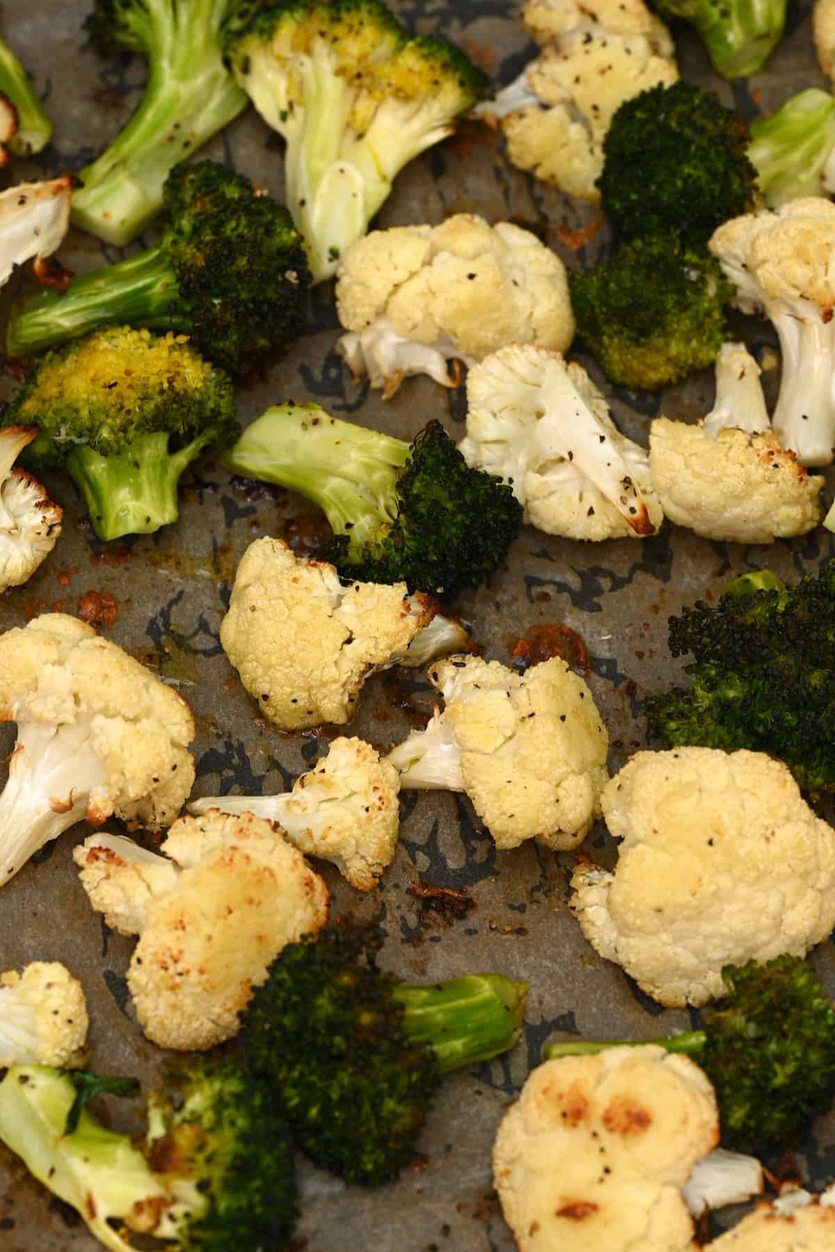A tray with roasted cauliflower and broccoli
