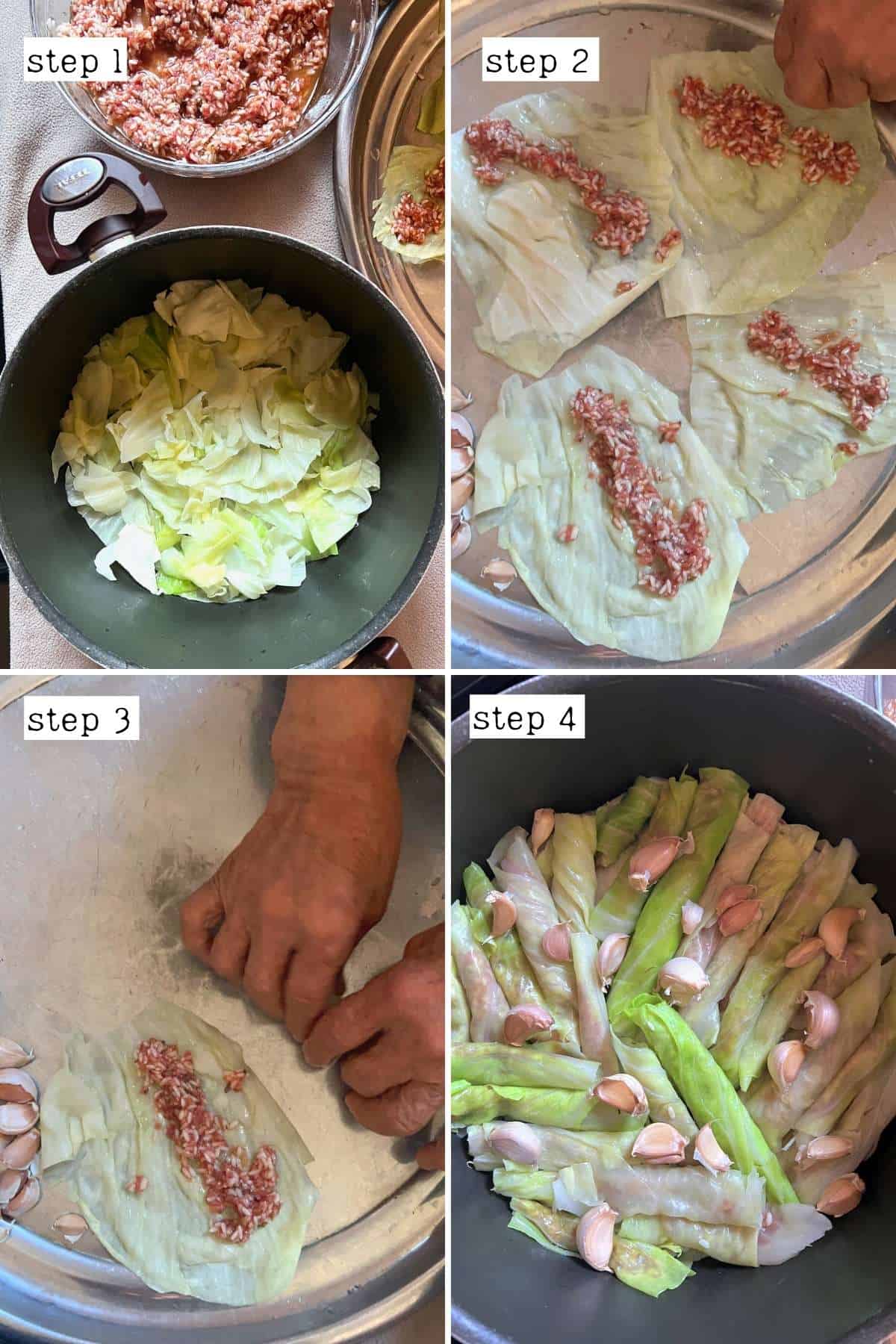 Steps for rolling stuffed cabbage leaves
