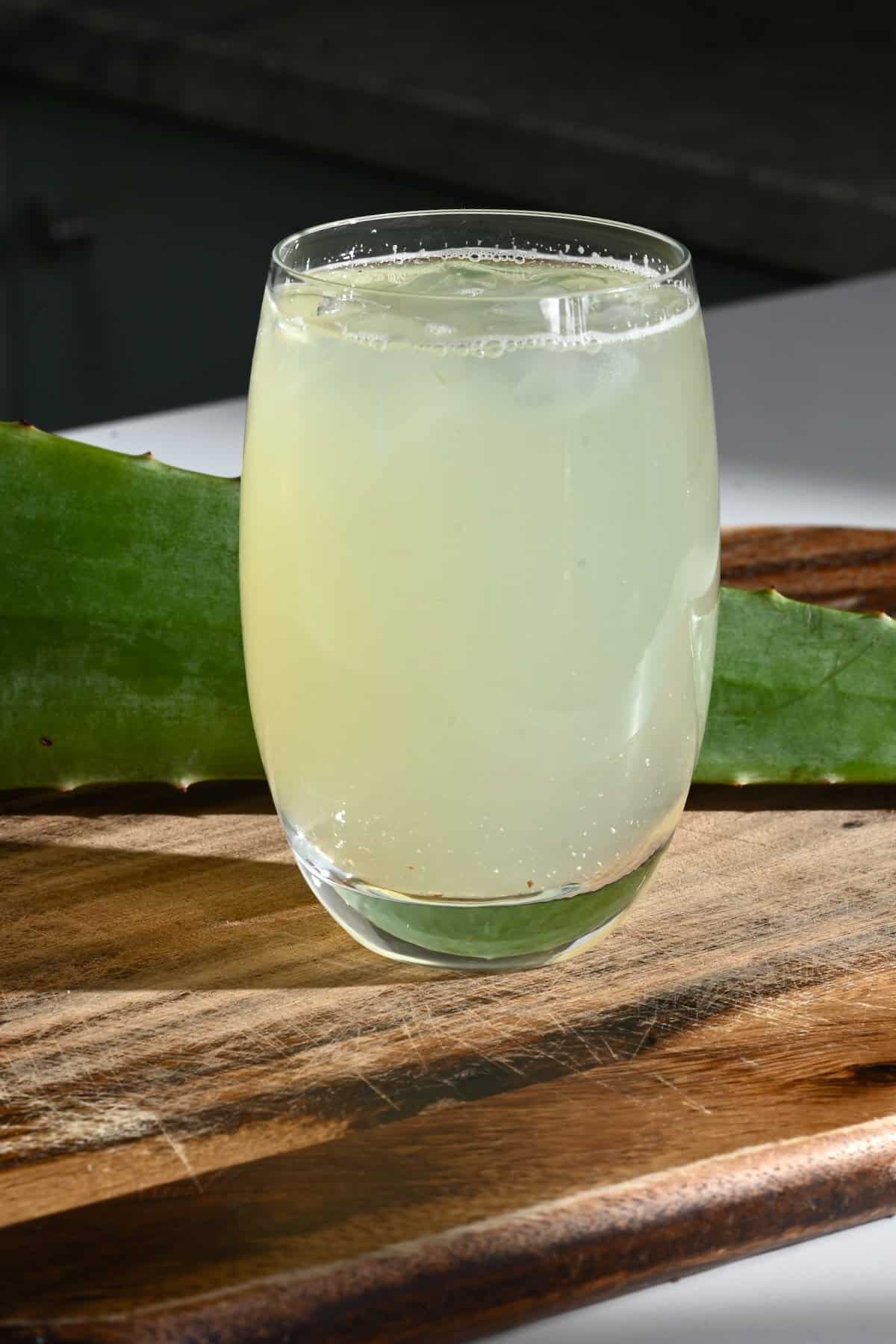 A glass with homemade aloe vera juice