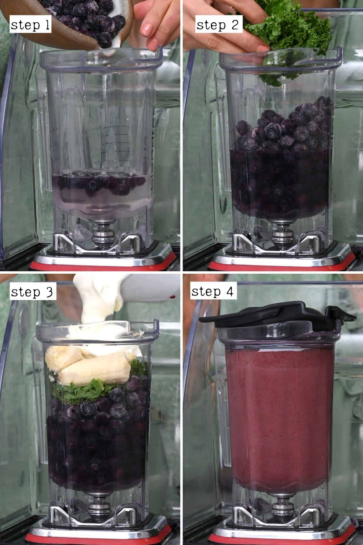 Steps for blending blueberry kale smoothie