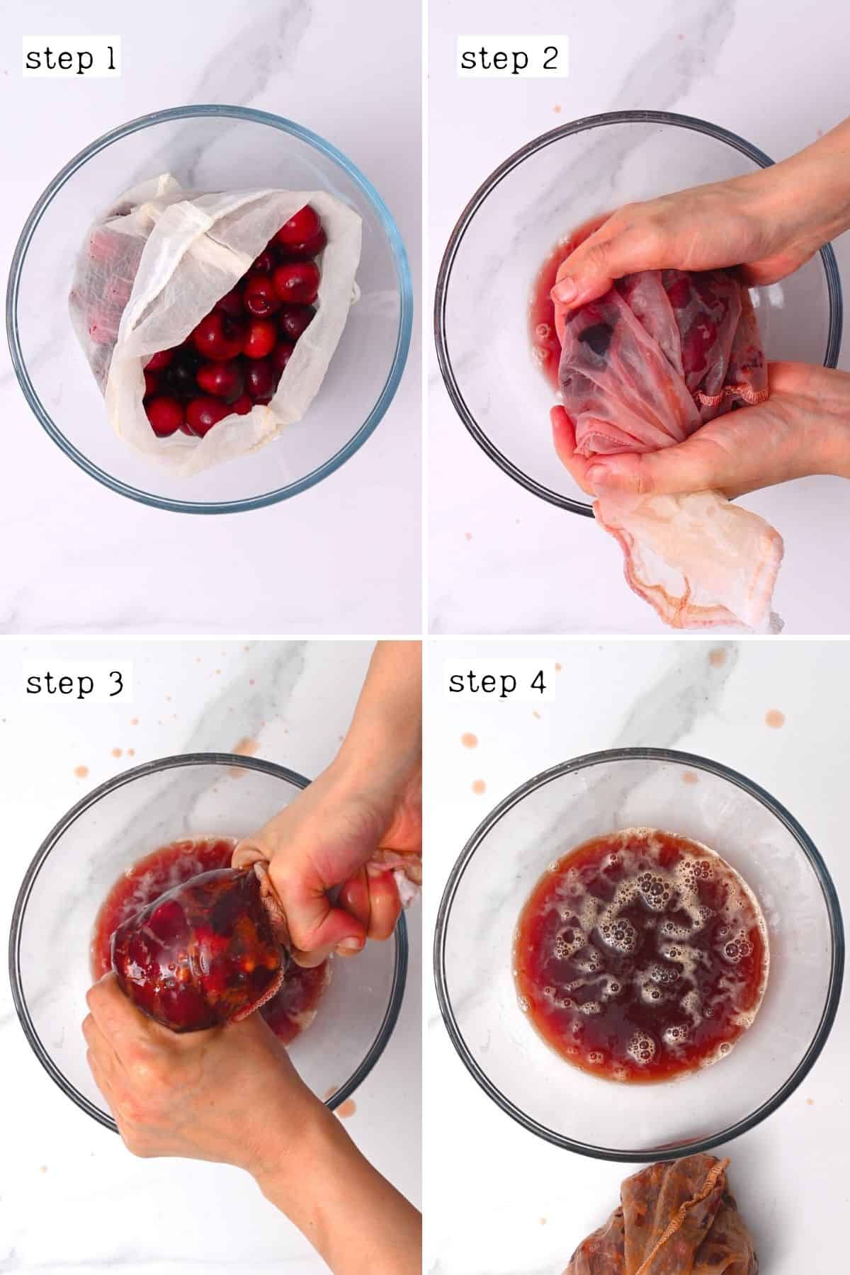 Steps for juicing cherries with a nut milk bag