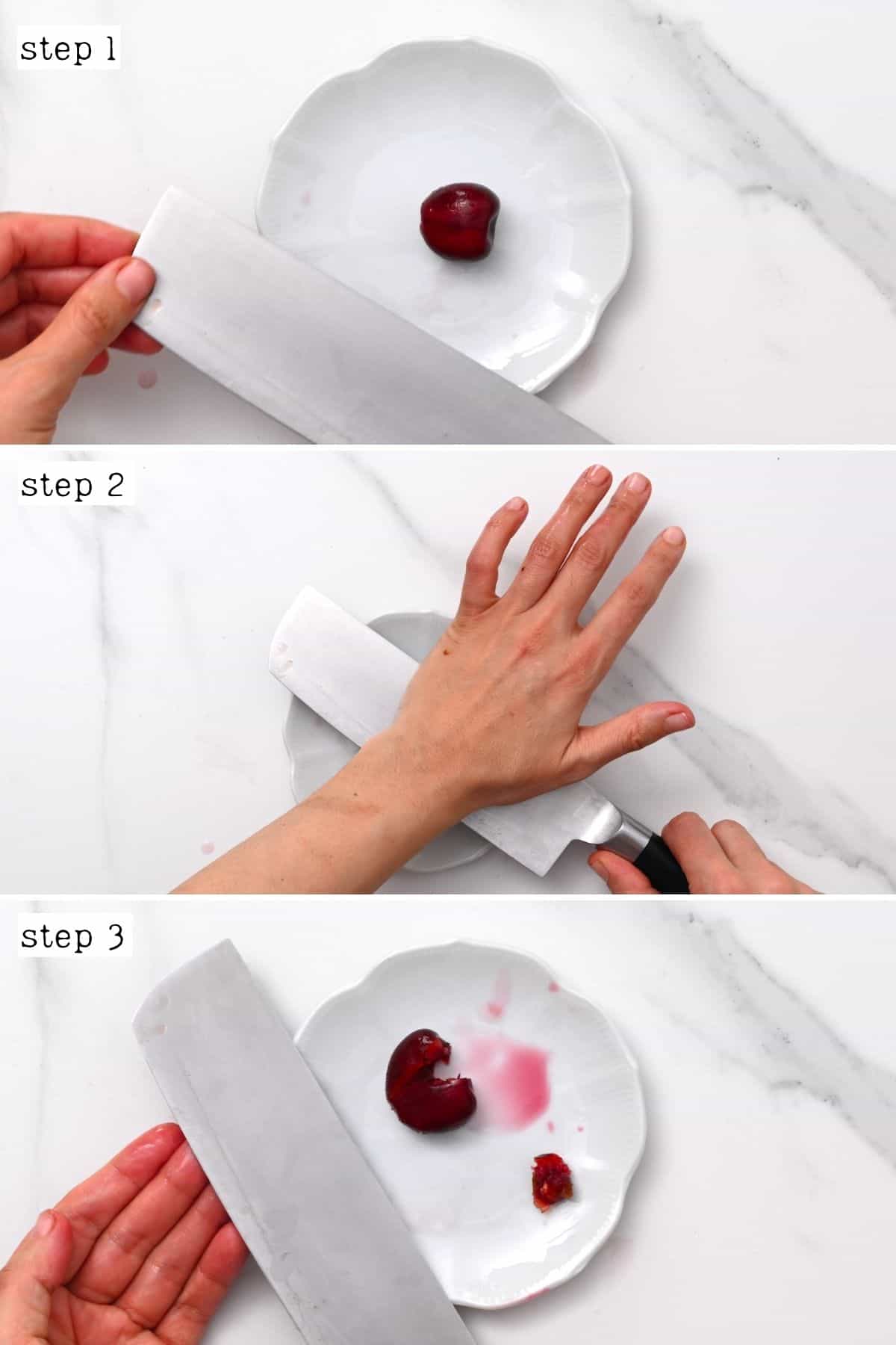 Steps for pitting a cherry with a knife