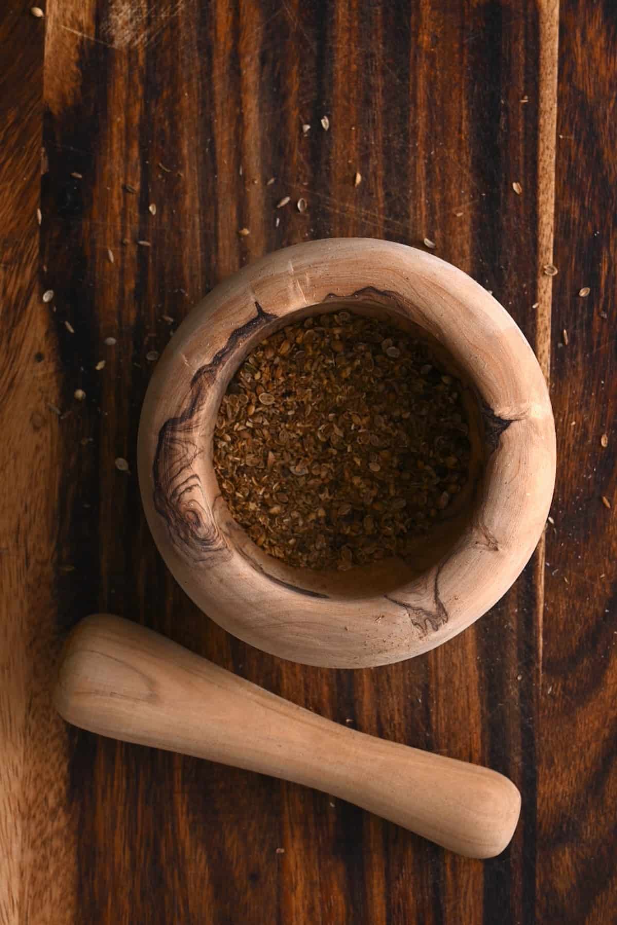 Spices processed in a pestle and mortar