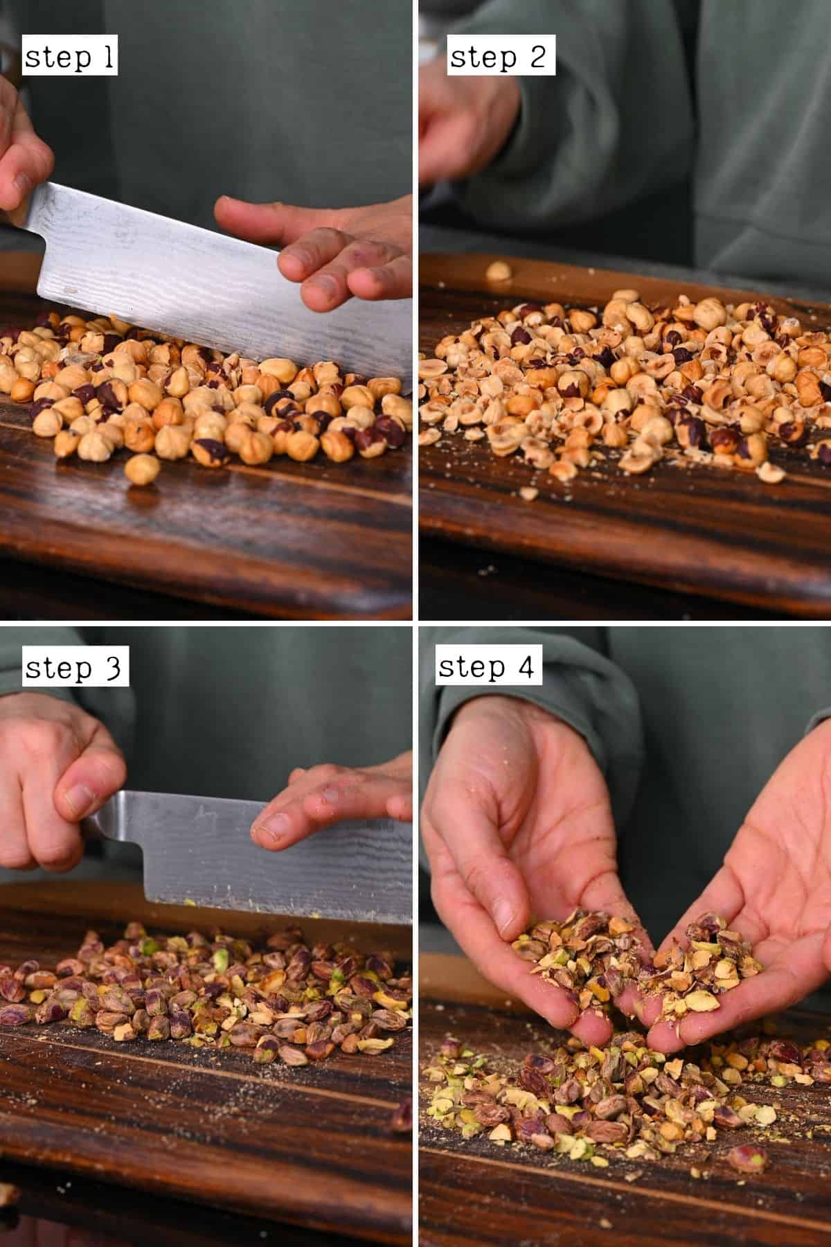 Steps for chopping hazelnuts and pistachios