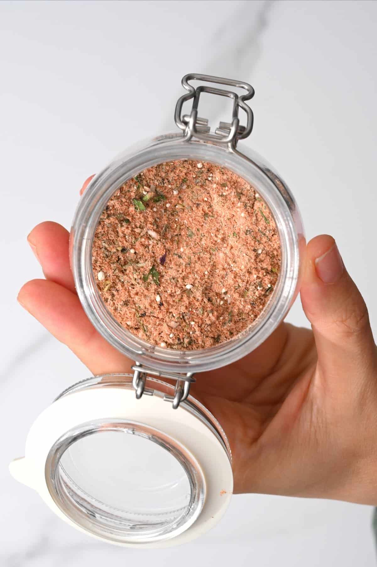A jar with homemade french fry seasoning