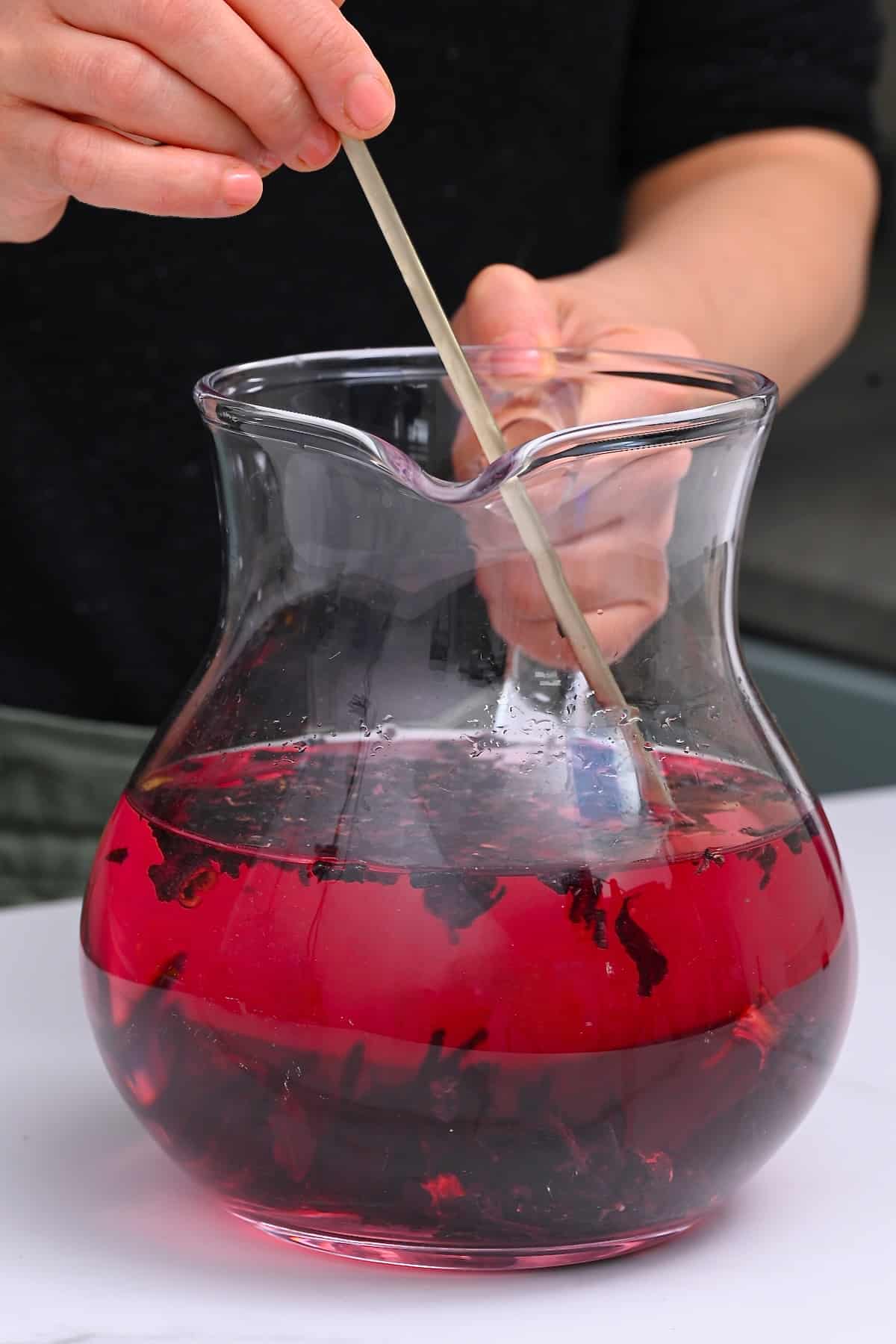 Cold brew hibiscus tea in a pitcher