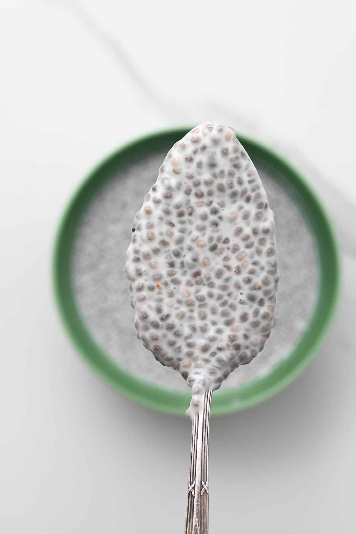 A close up of chia pudding on a spoon
