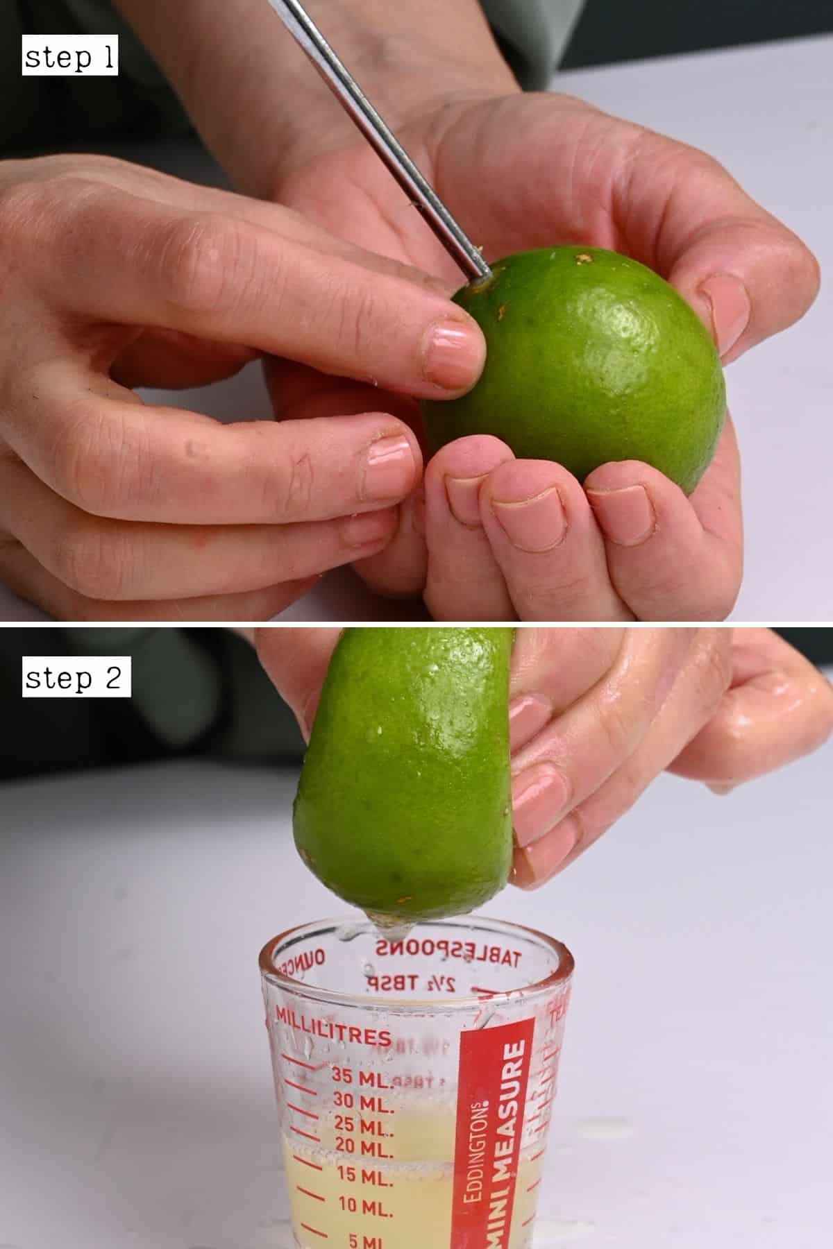 Steps for juicing lime by squeezing it