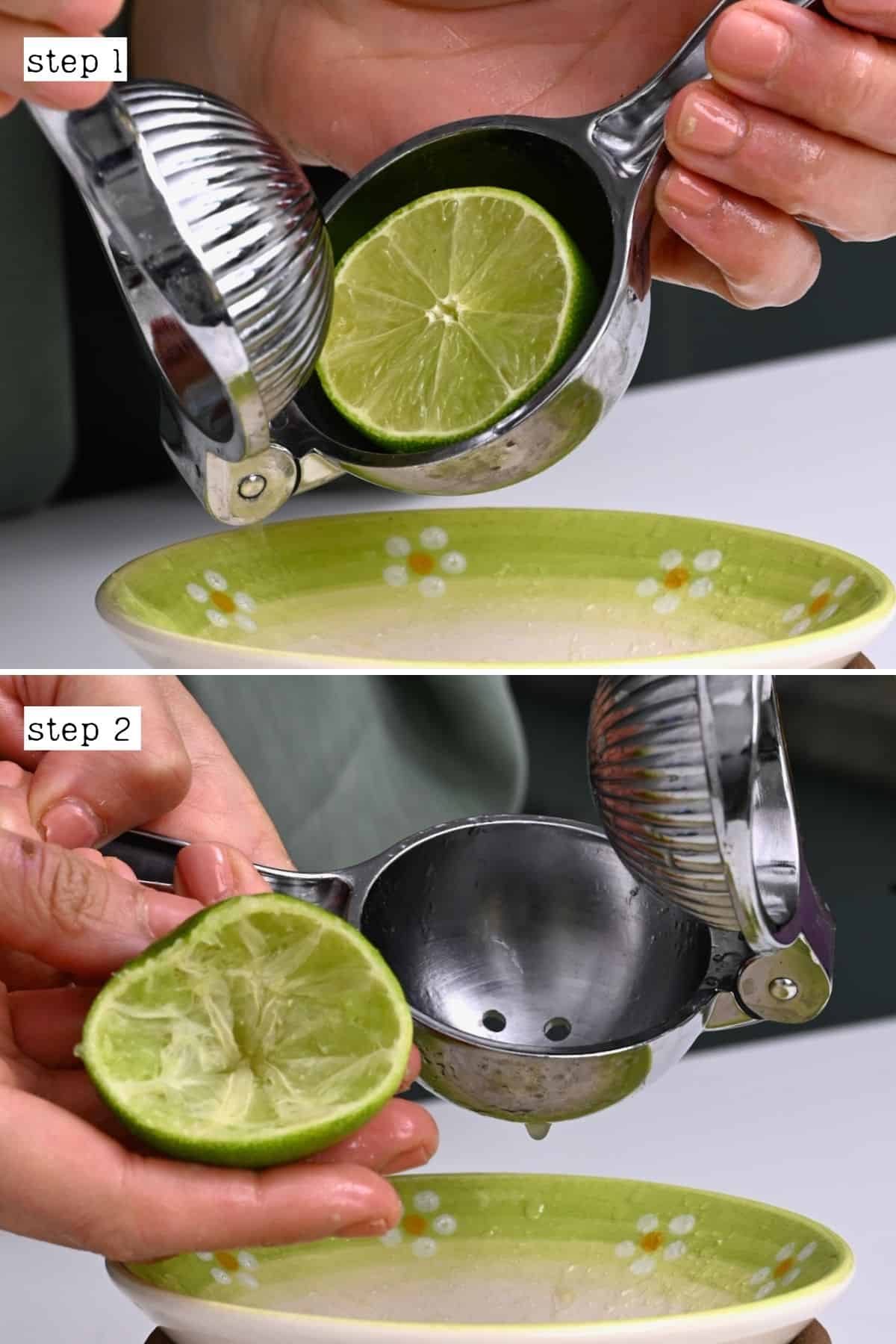 Steps for juicing lime with a citrus squeezer
