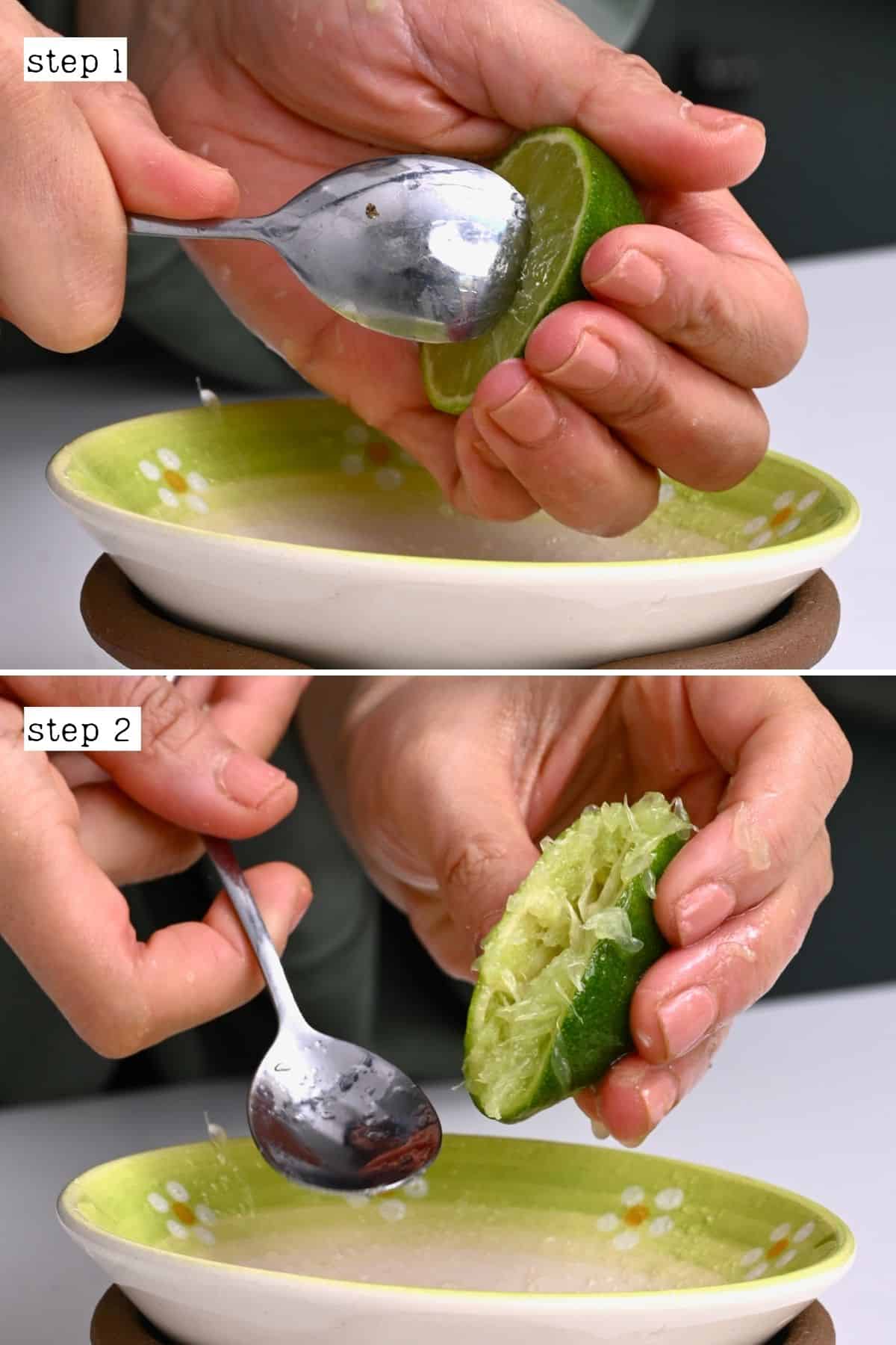 Steps for juicing lime with a spoon