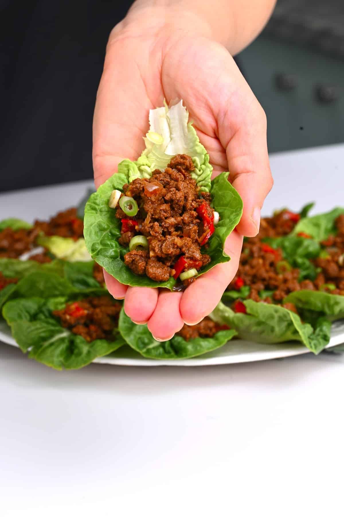 A lettuce wrap with meat filling