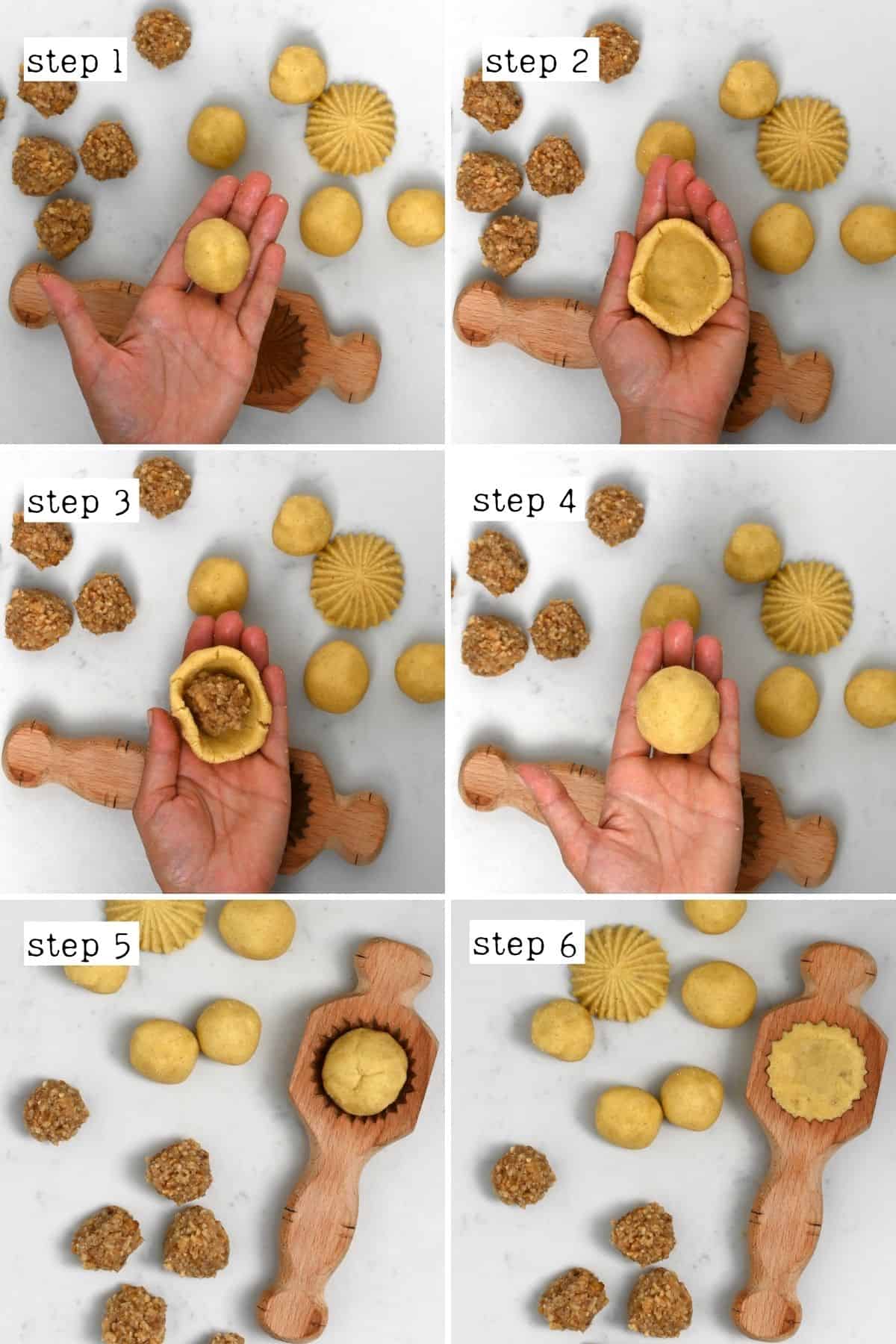 Steps for making maamoul cookies with a mold