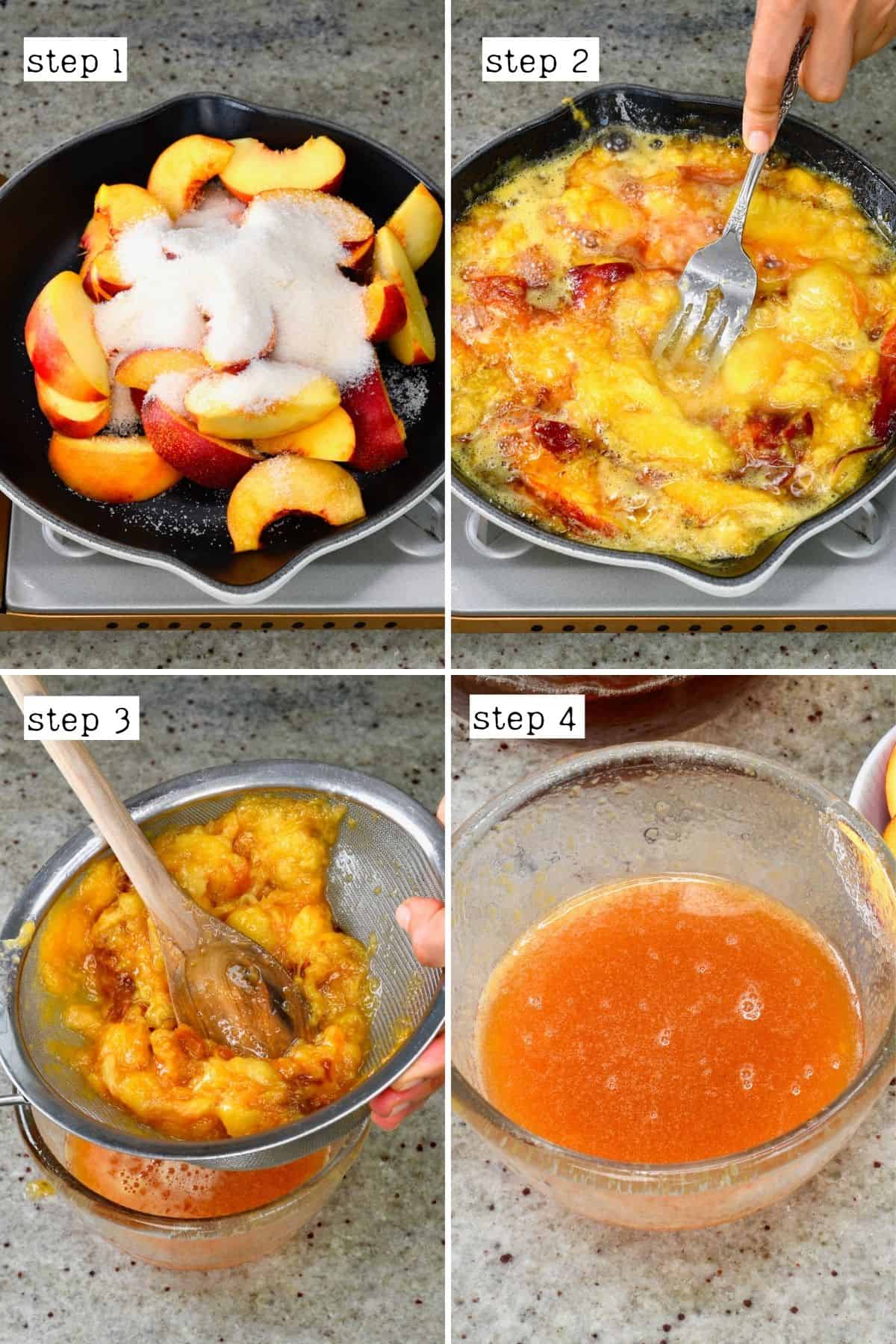 Steps for making peach syrup by mashing the peaches