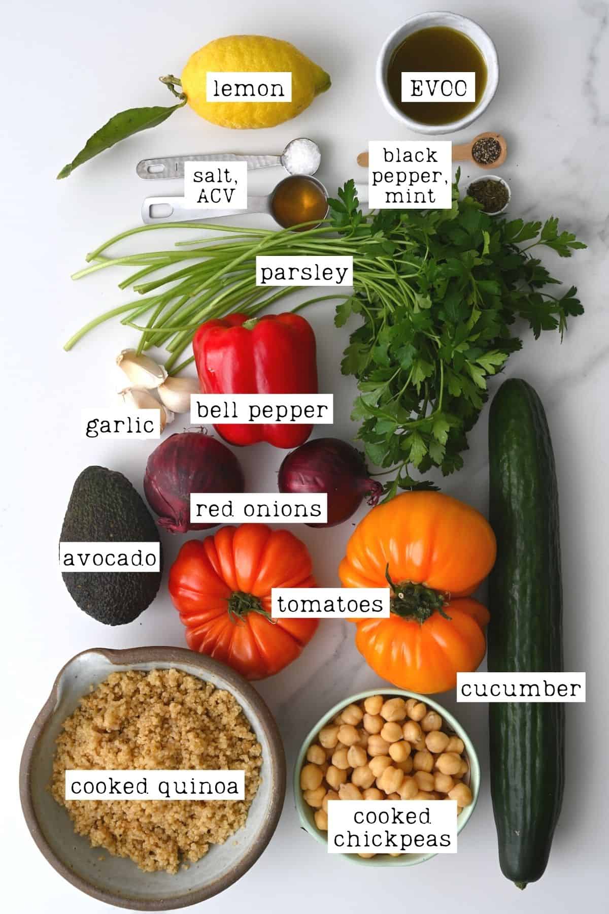 Ingredients for quinoa chickpea salad