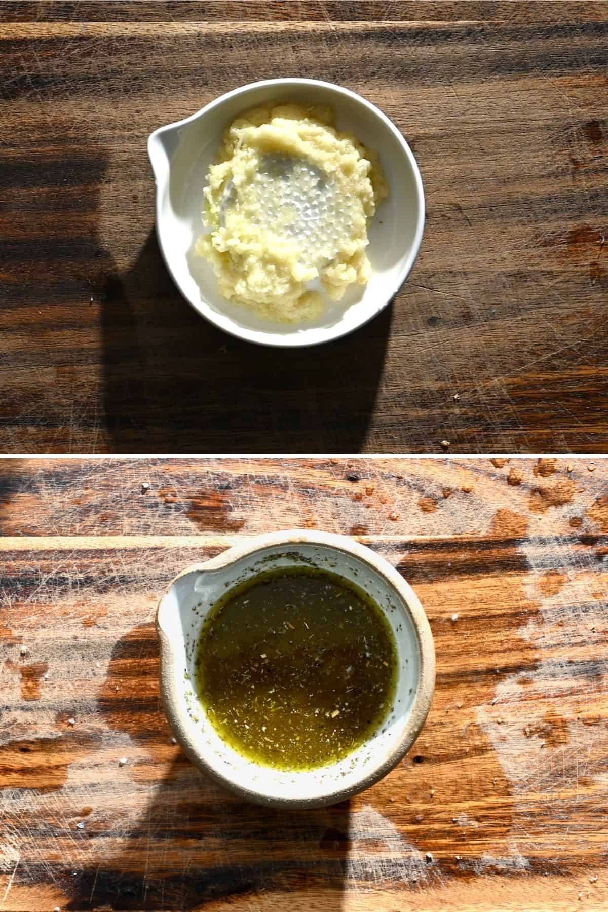 Showing grated garlic and salad dressing in a bowl