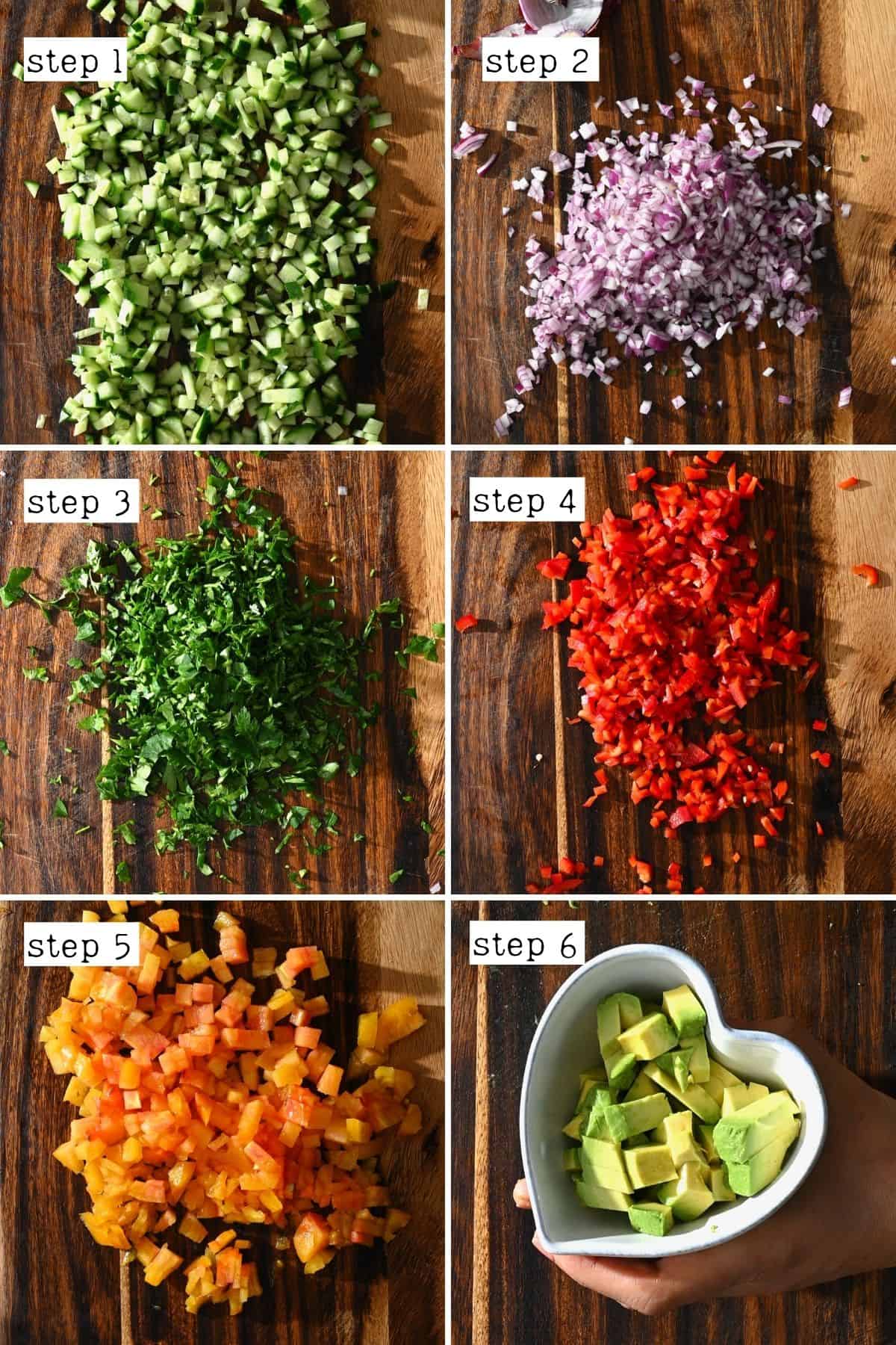 Steps for chopping salad ingredients