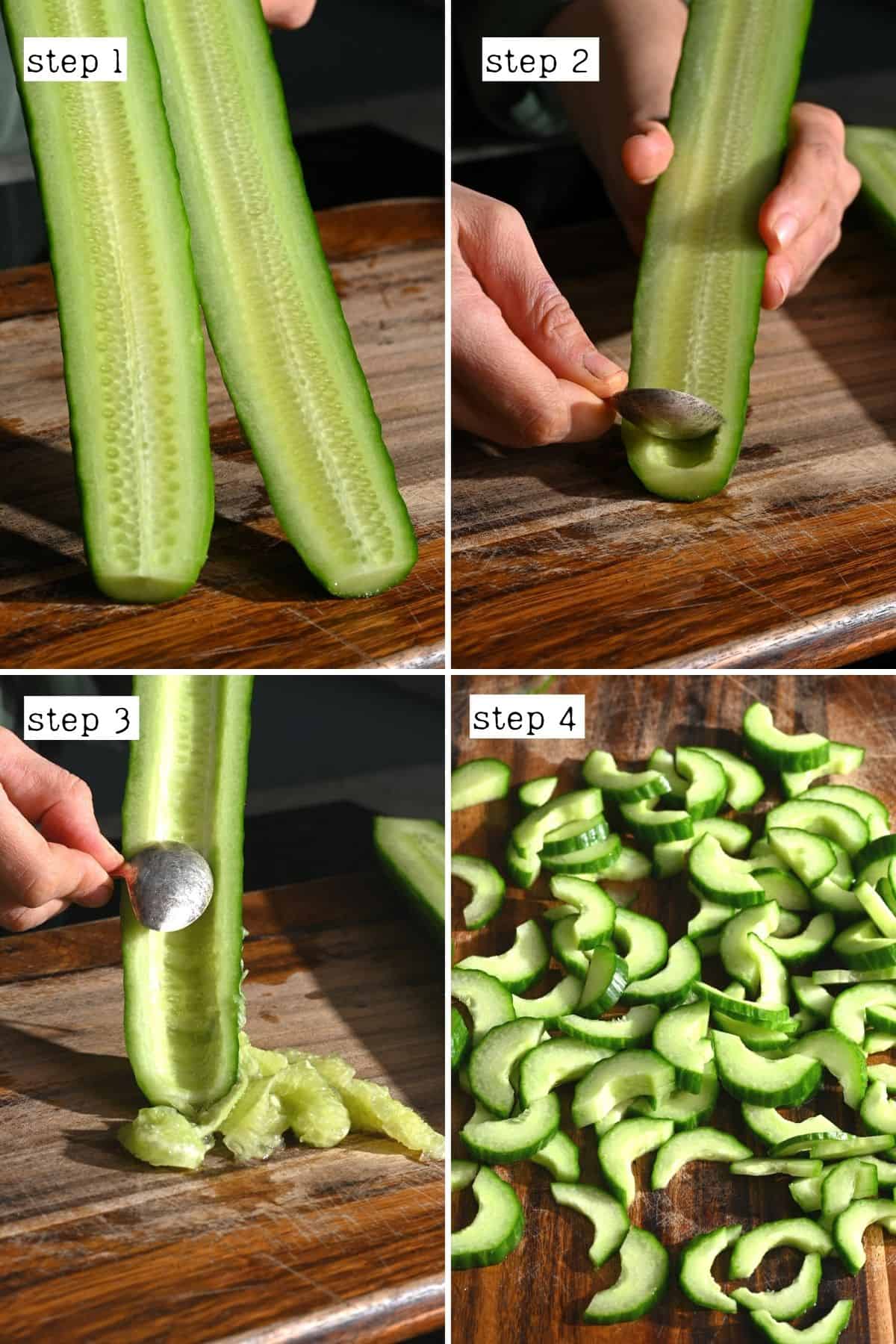 Steps for coring and chopping a cucumber