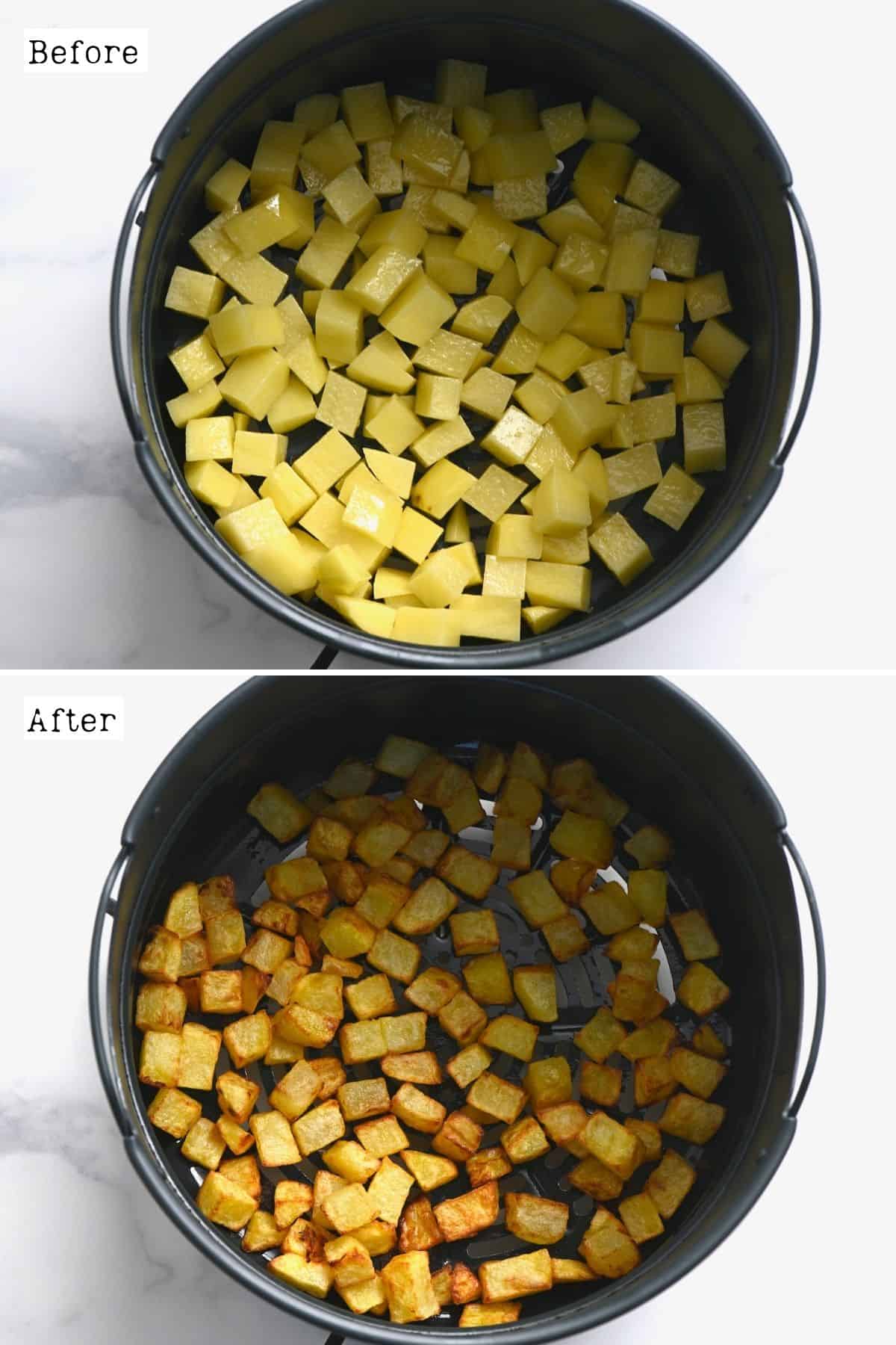 Before and after air frying potatoes