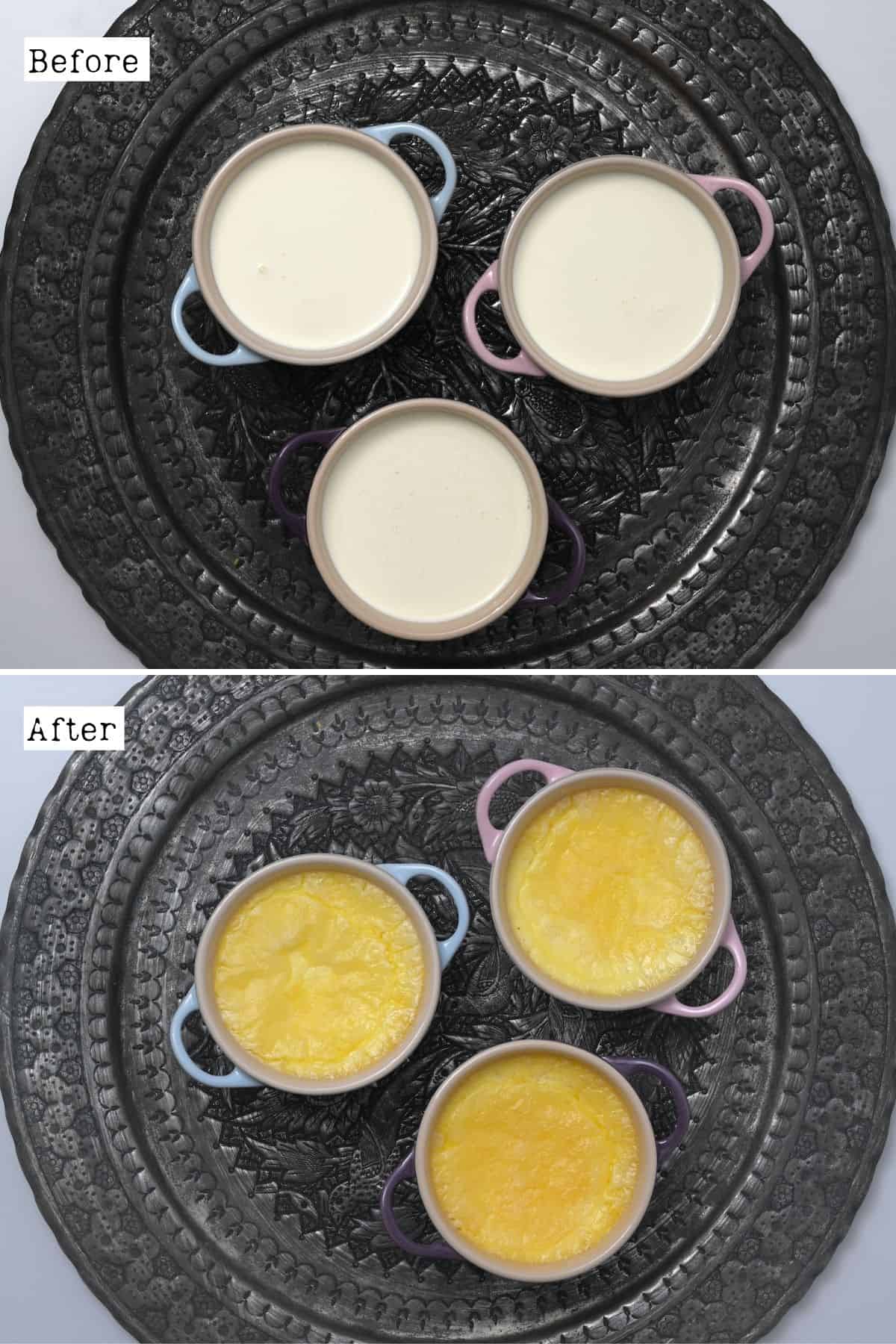 Homemade clotted cream in three small ramekins