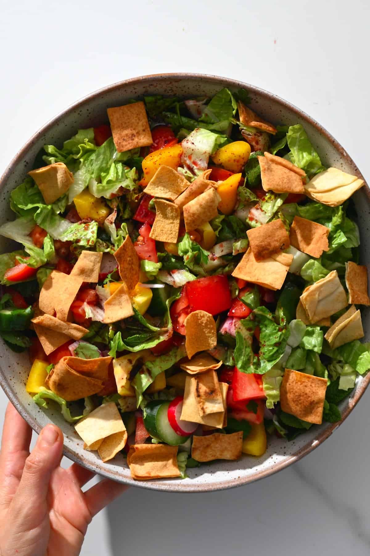 Homemade fattoush salad topped with pita chips in a bowl