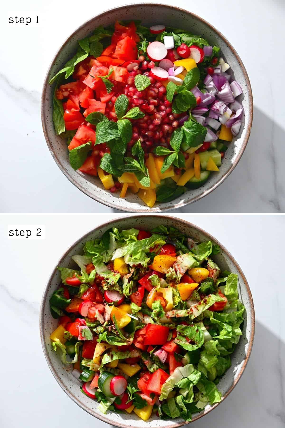 Steps for mixing fattoush salad
