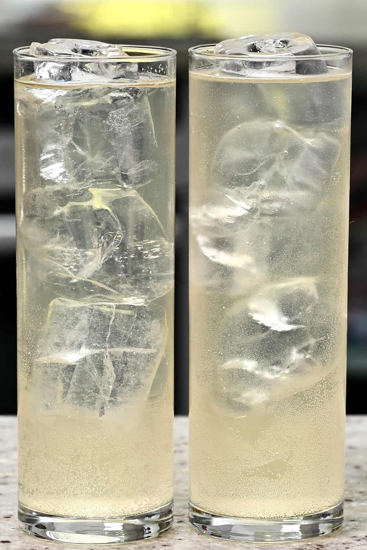 Homemade ginger ale served in two glasses with ice