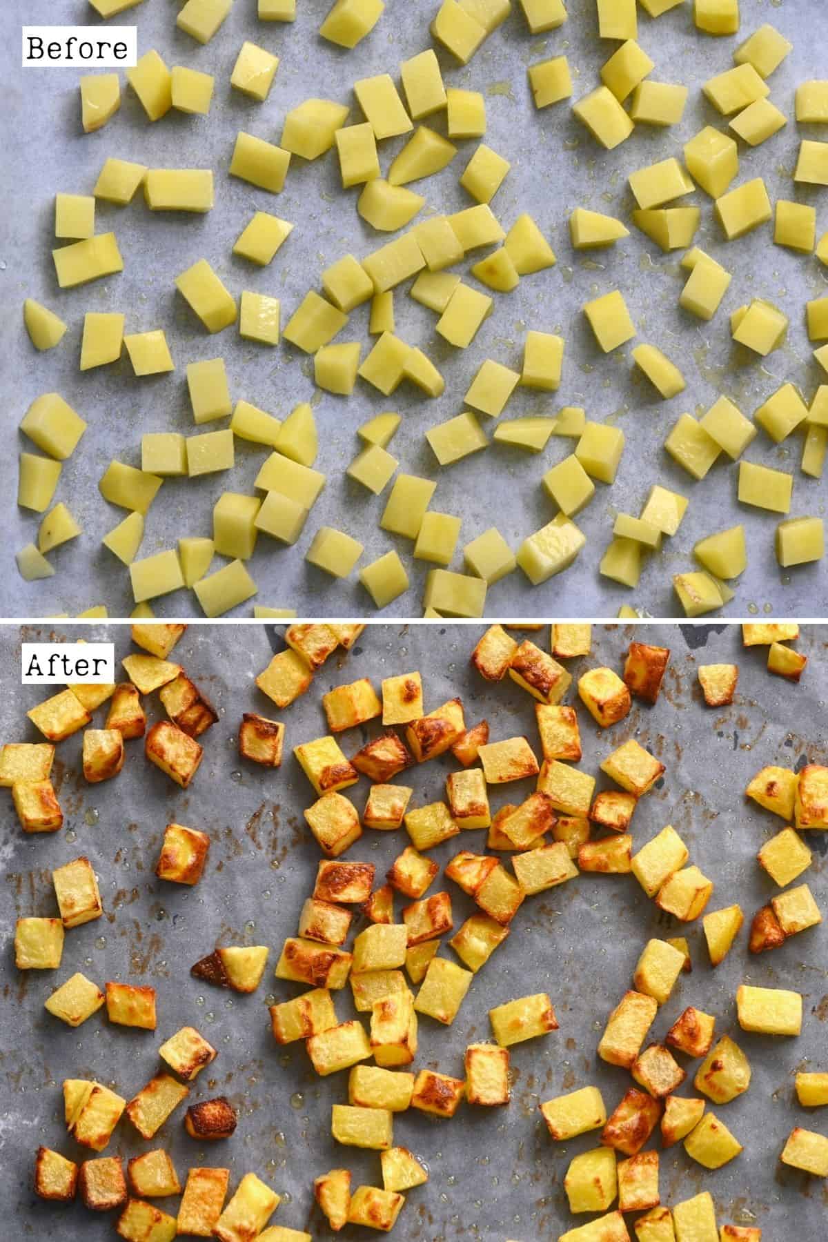 Before and after roasting potatoes in the oven