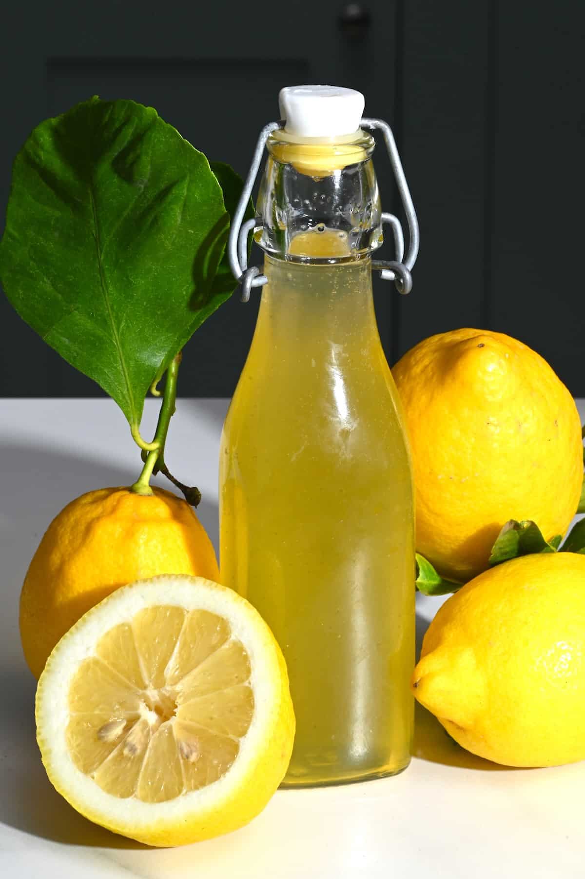 Homemade lemon syrup in a bottle