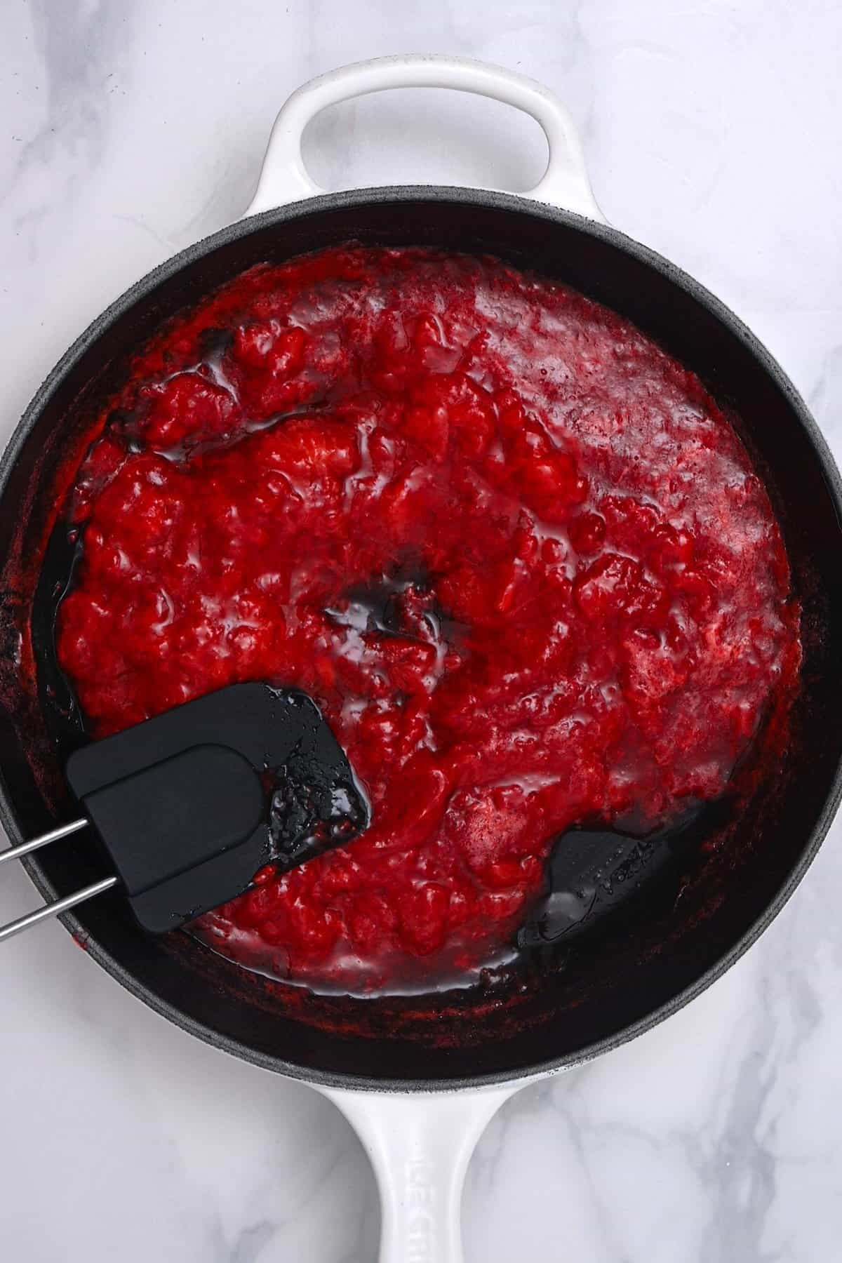 A pan with homemade strawberry compote